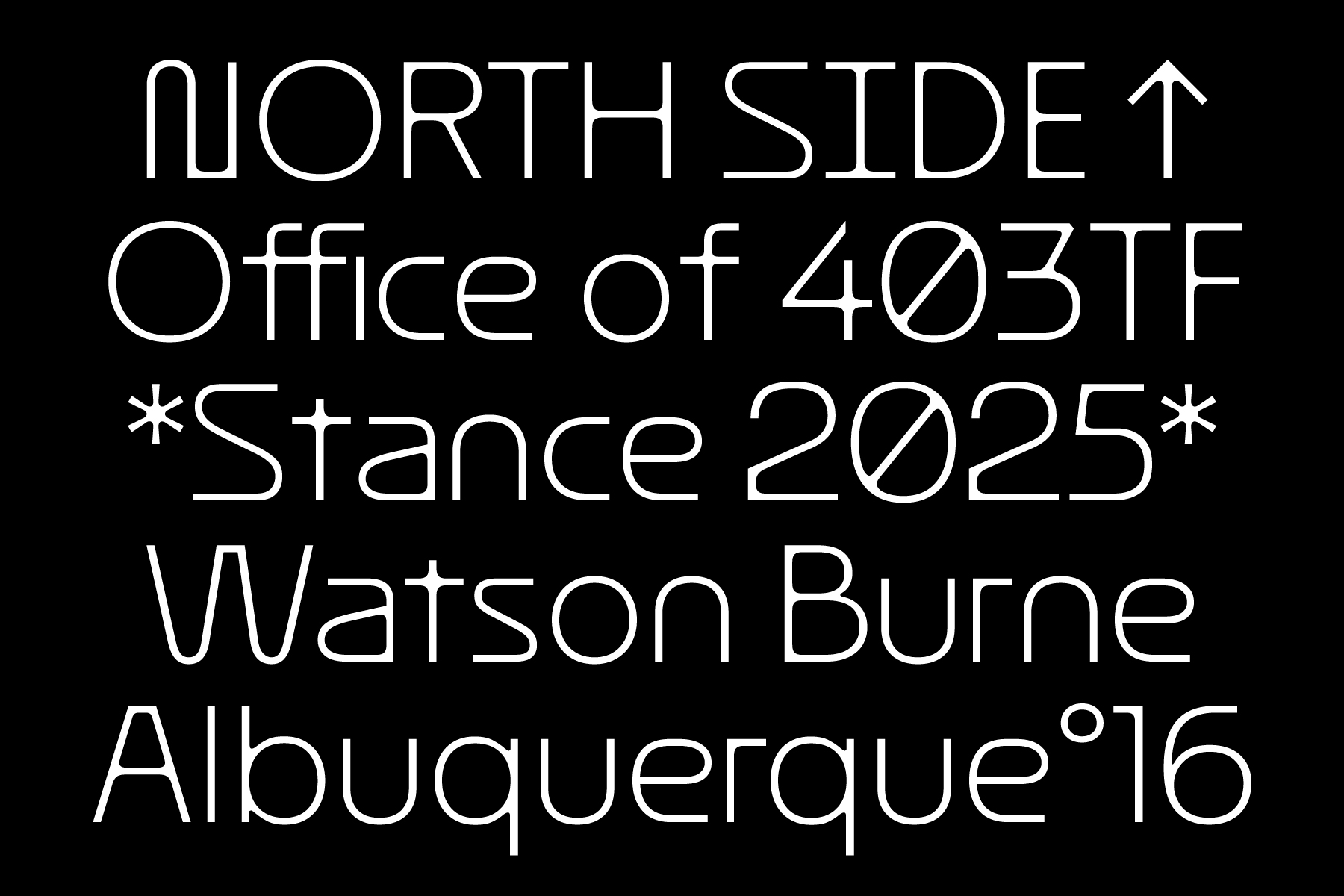 North side office text on black with address, date range, names listed in outline style