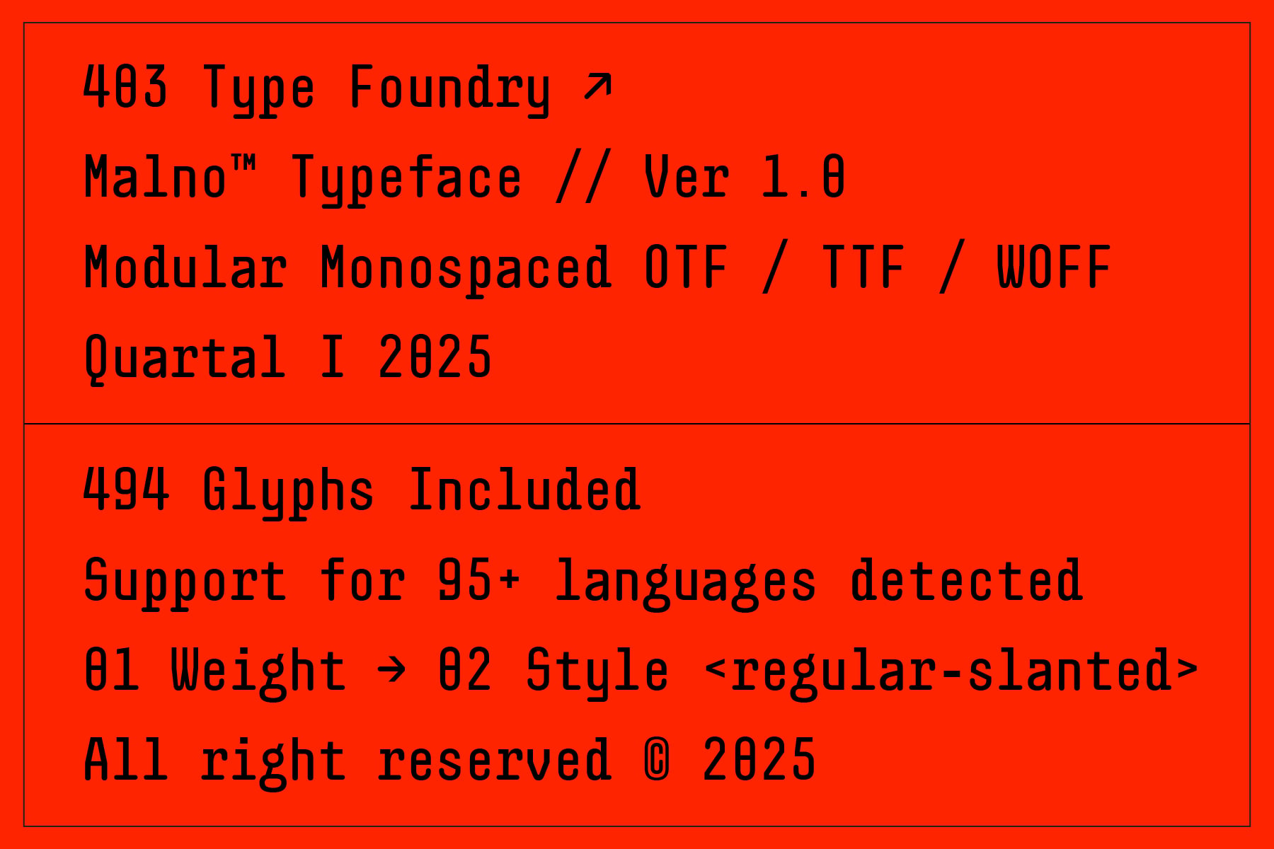 Red background showing typeface specs, glyph count, language support, weight, style information
