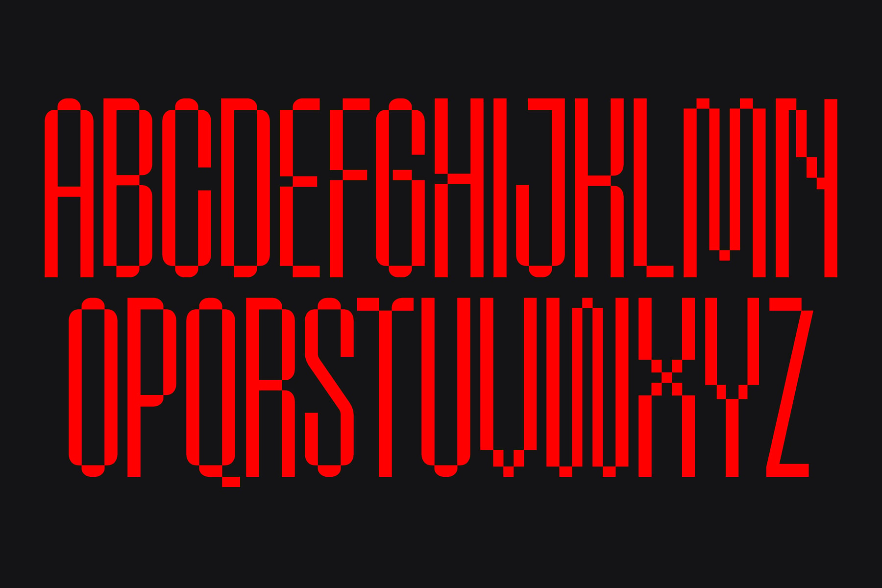 Bold red pixelated letters spelling 'ABCDEFFGHIJ OPQRSTUUVWXYZ' on black