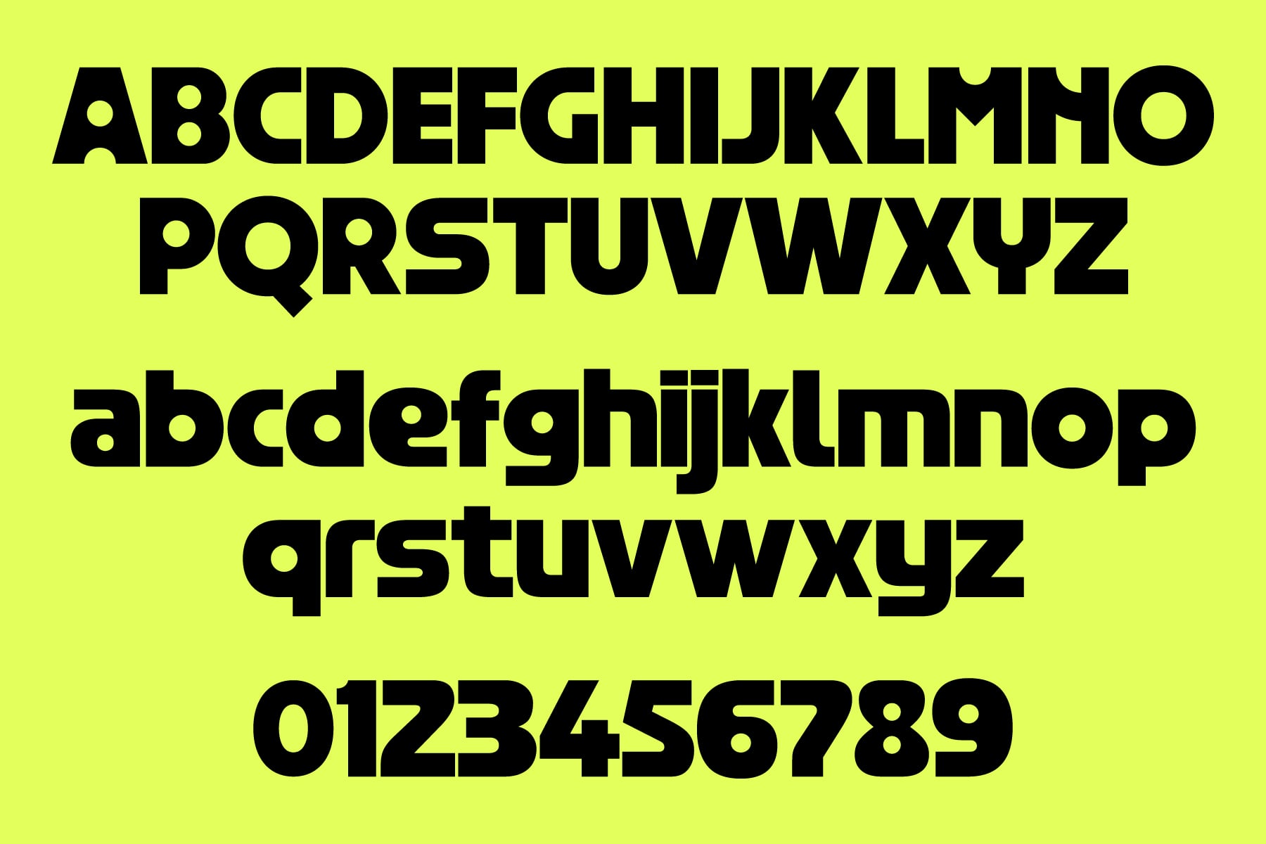 Bold black sans serif typeface showing full alphabet, numbers, uppercase lowercase