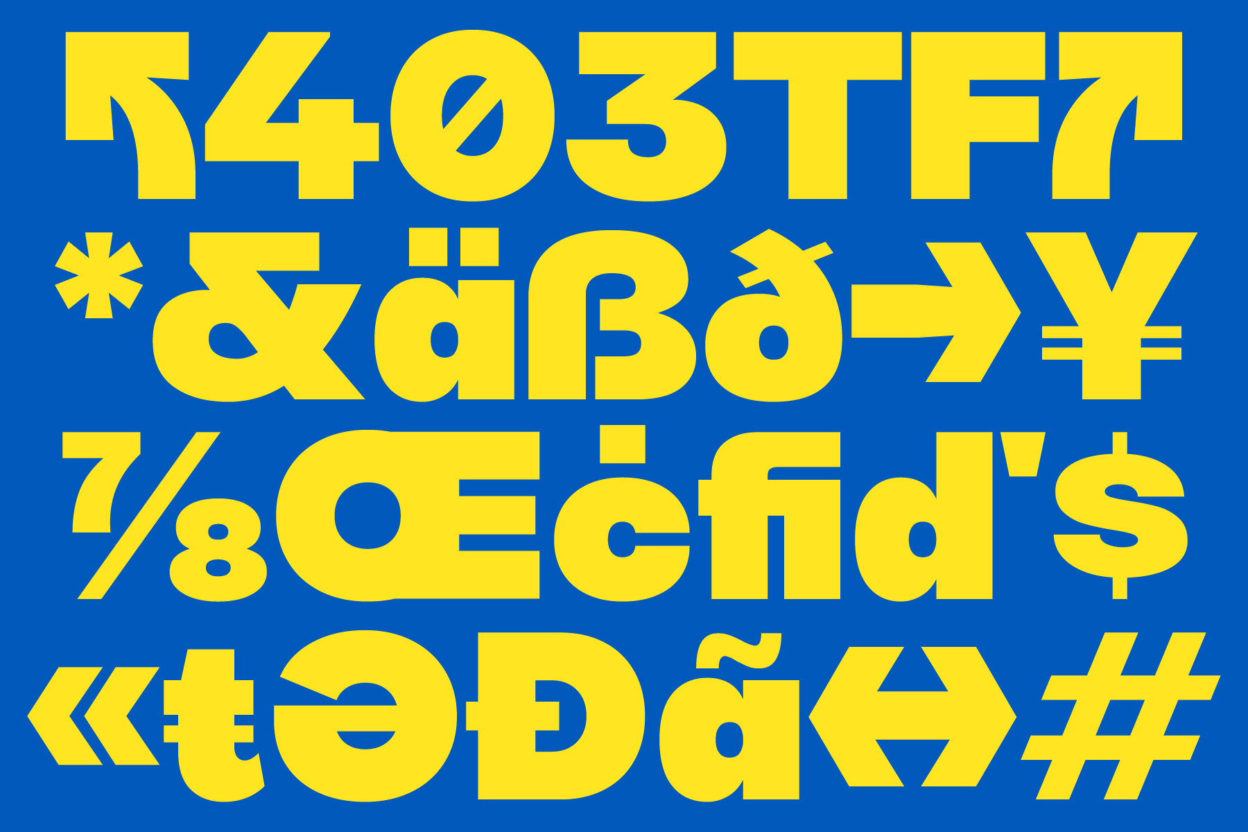 403TF font specimen on bright blue background with yellow characters, numbers, symbols