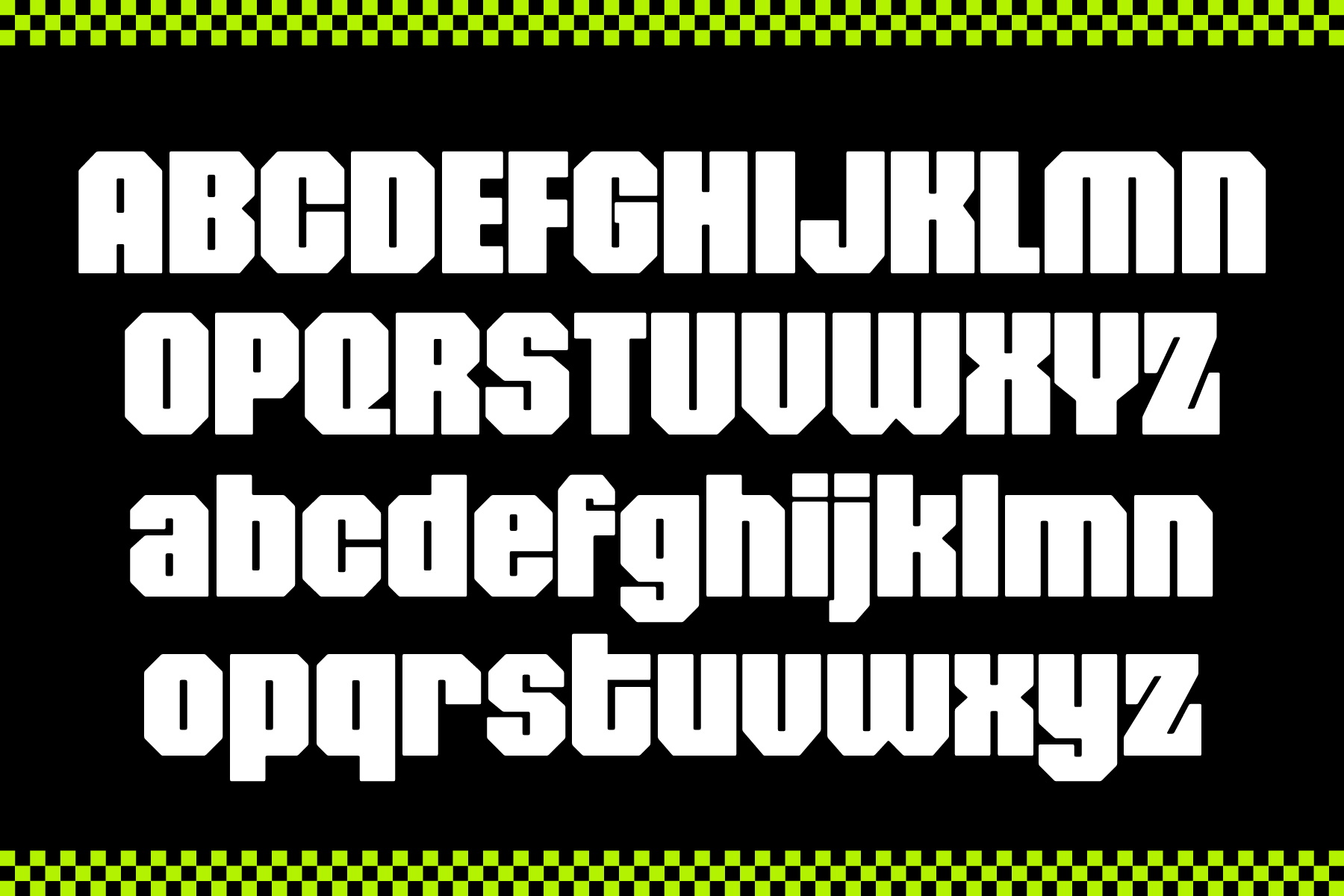White bold uppercase alphabet with lowercase shown, neon checkerboard border detail