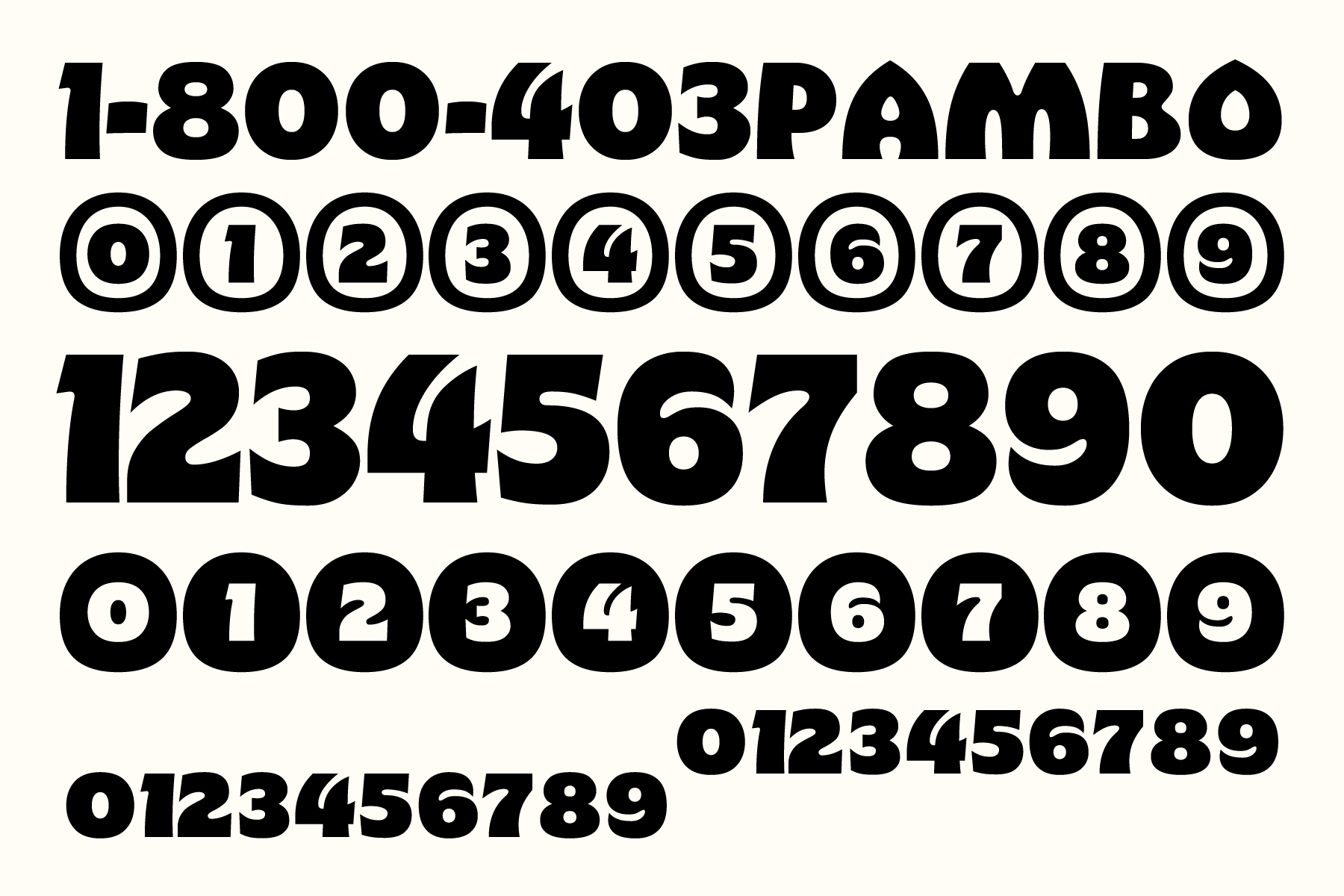 Phone number rows with circled digits showing alternate figure styles for Pambo font