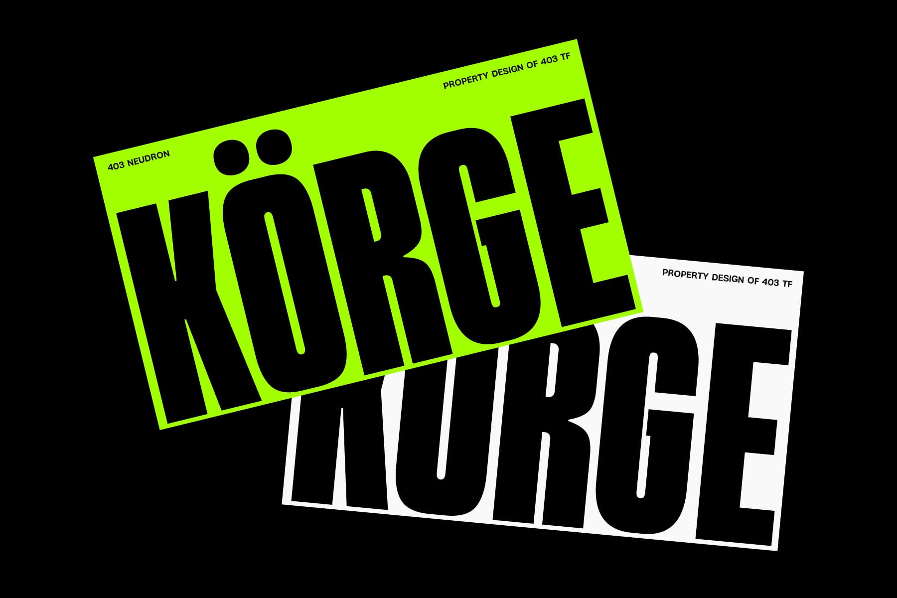 Neon yellow rotated layouts of Moderne typeface name with high contrast black letters