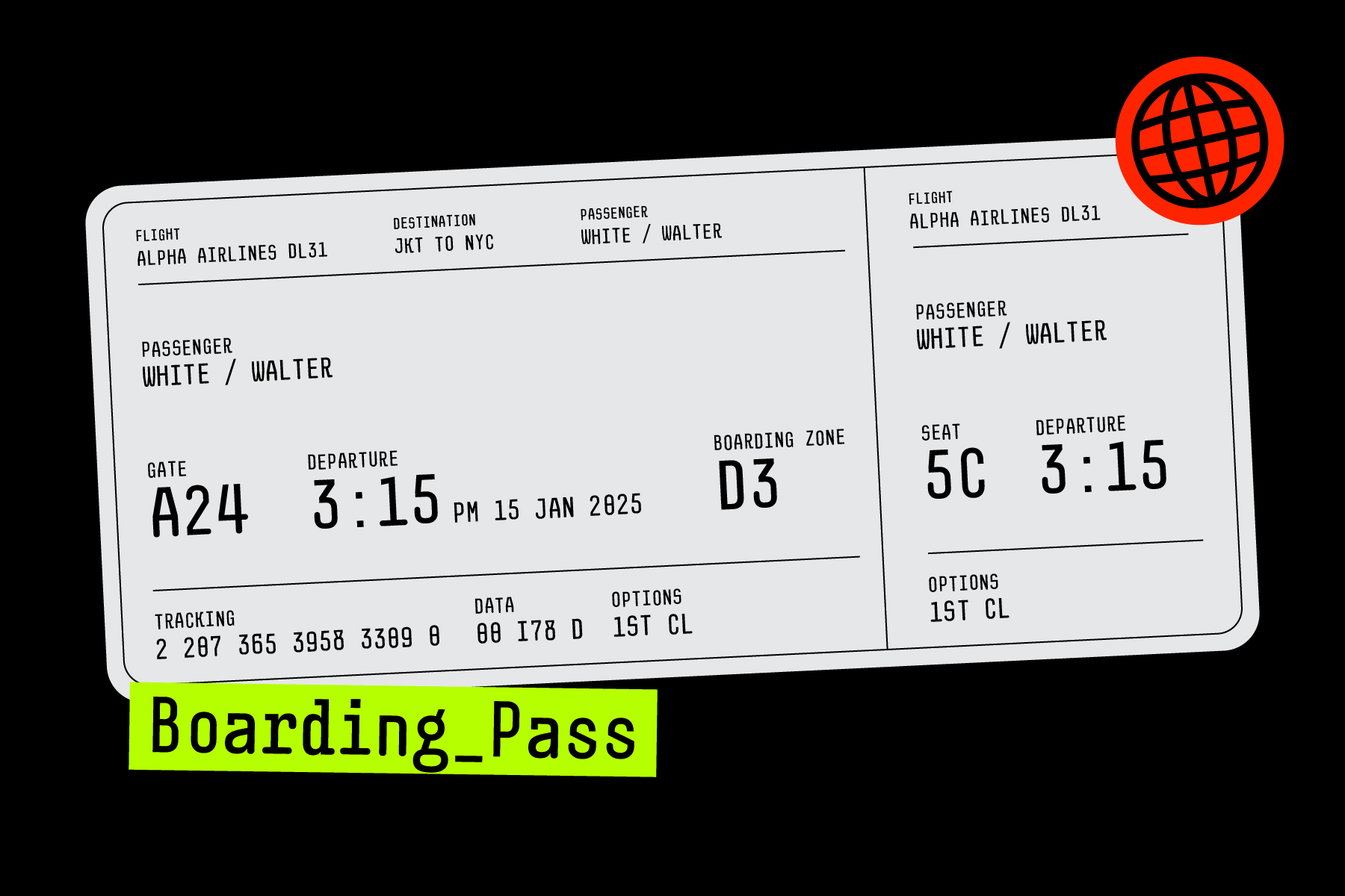Airline boarding pass mockup with flight details, passenger name, gate, seat, departure time