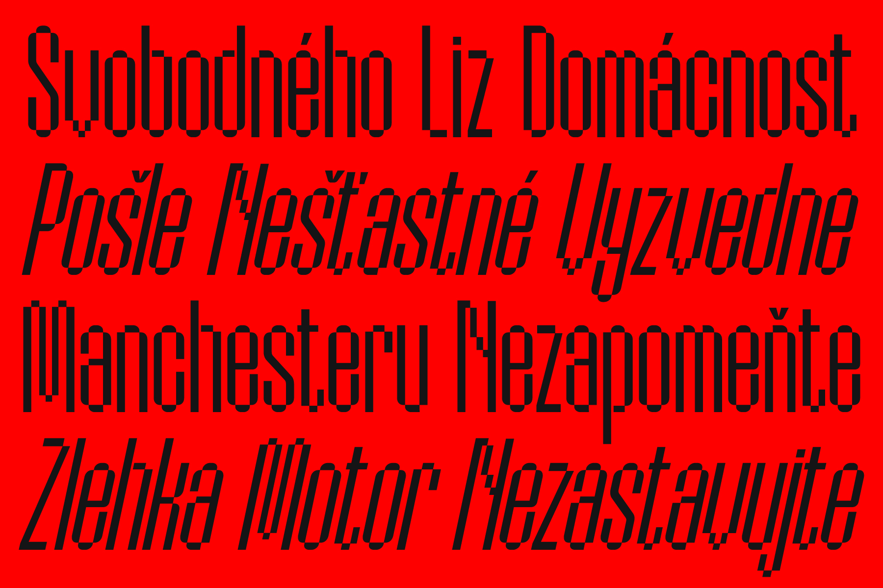 Red background with black italic text in multiple languages stacked vertically