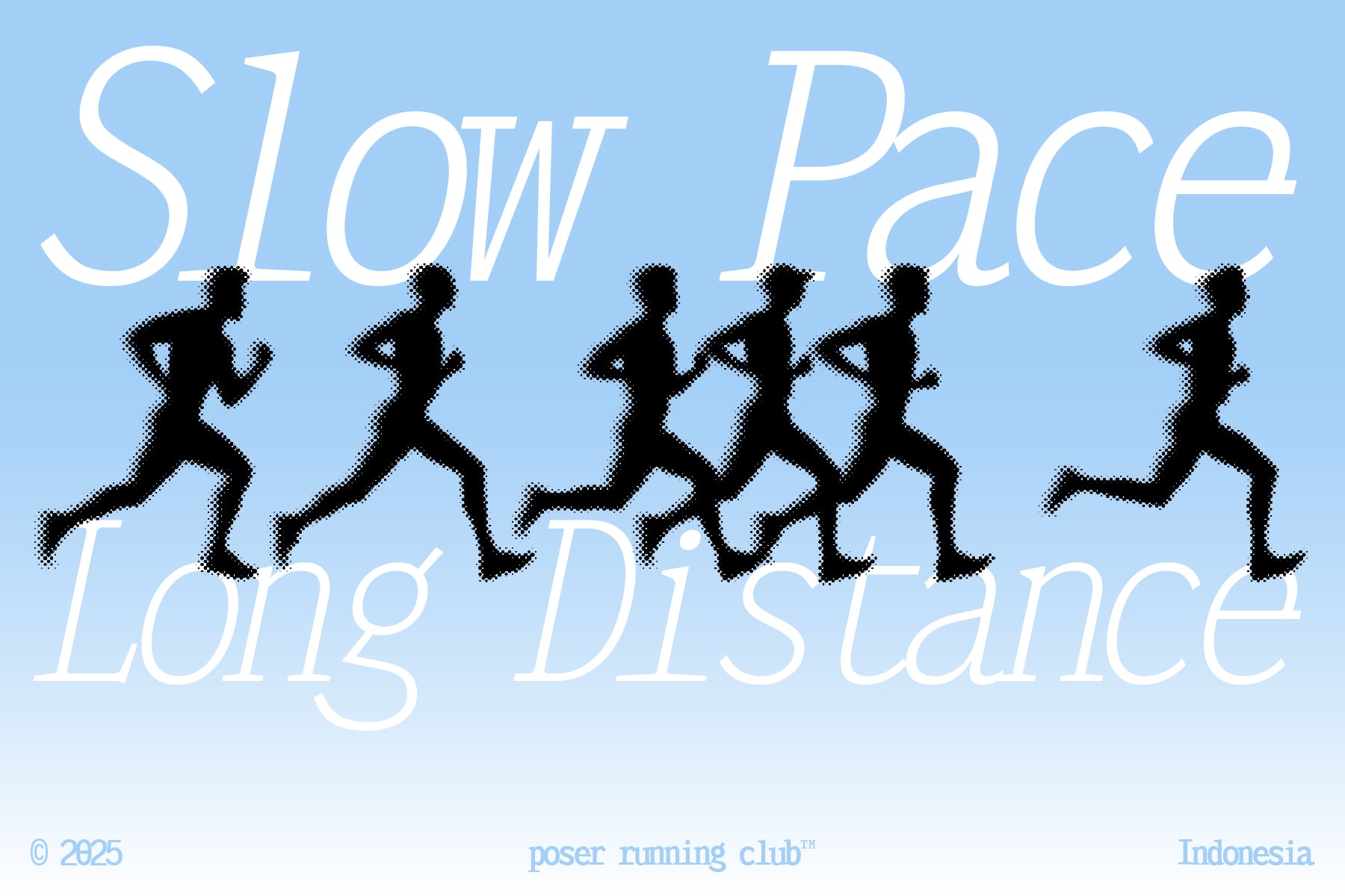 Running club poster showing pixelated silhouettes of six runners in motion against blue