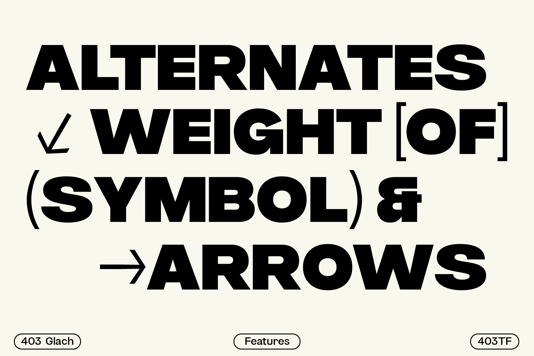 403 typeface showing alternate weights with checkmark, bracket, plus arrow symbols