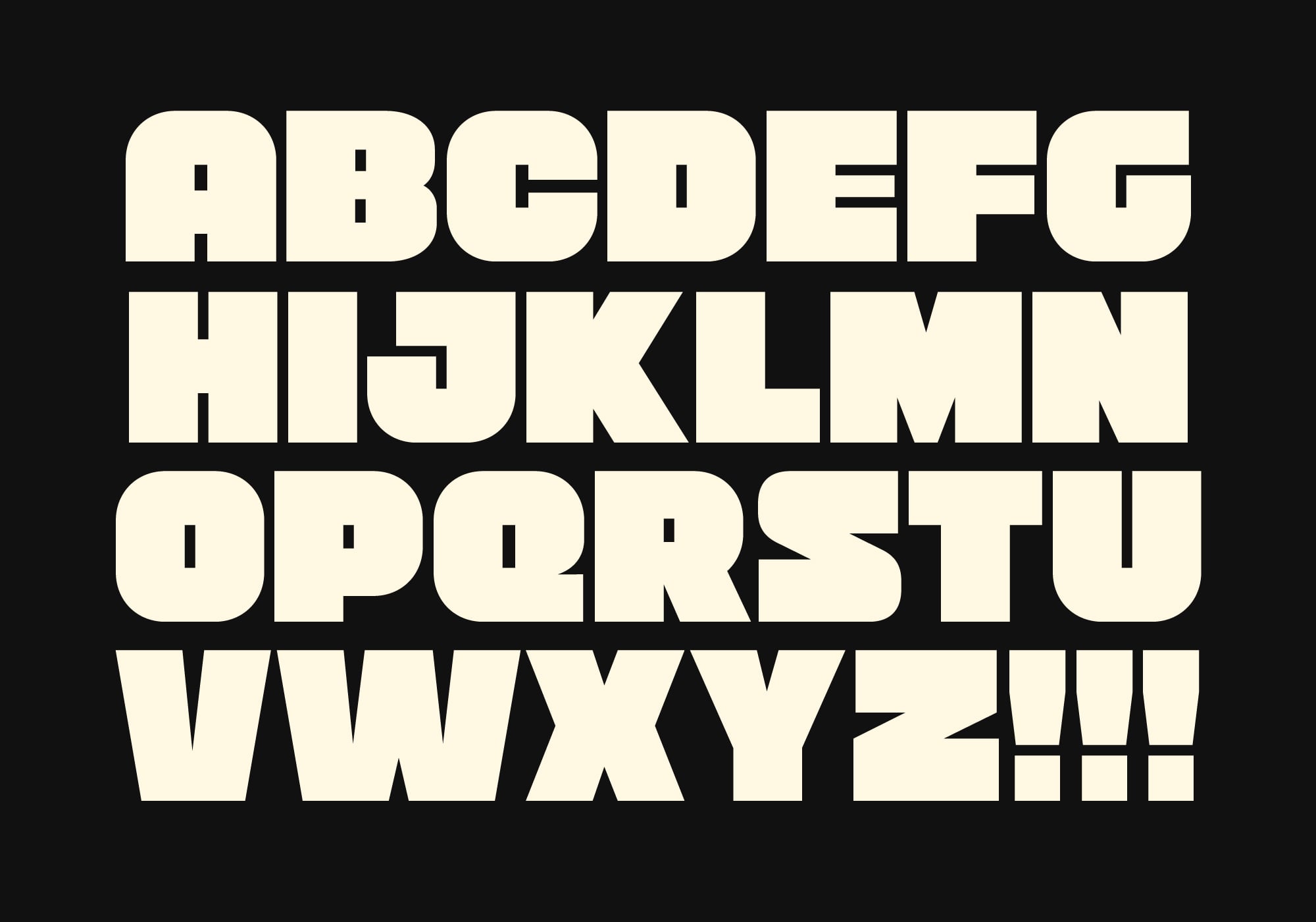 Heavy geometric sans serif typeface in white on dark background all caps
