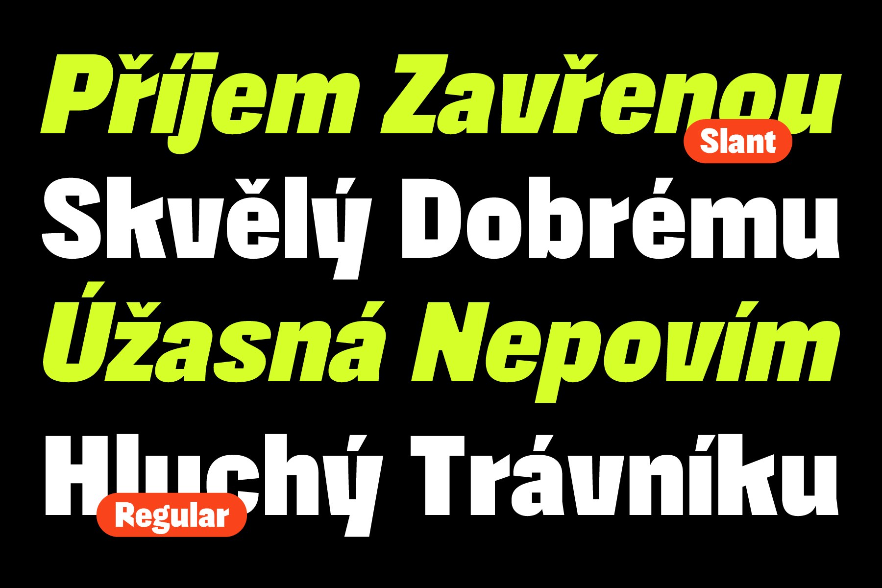 Czech language text in Slant style showing font with regular weight variant below