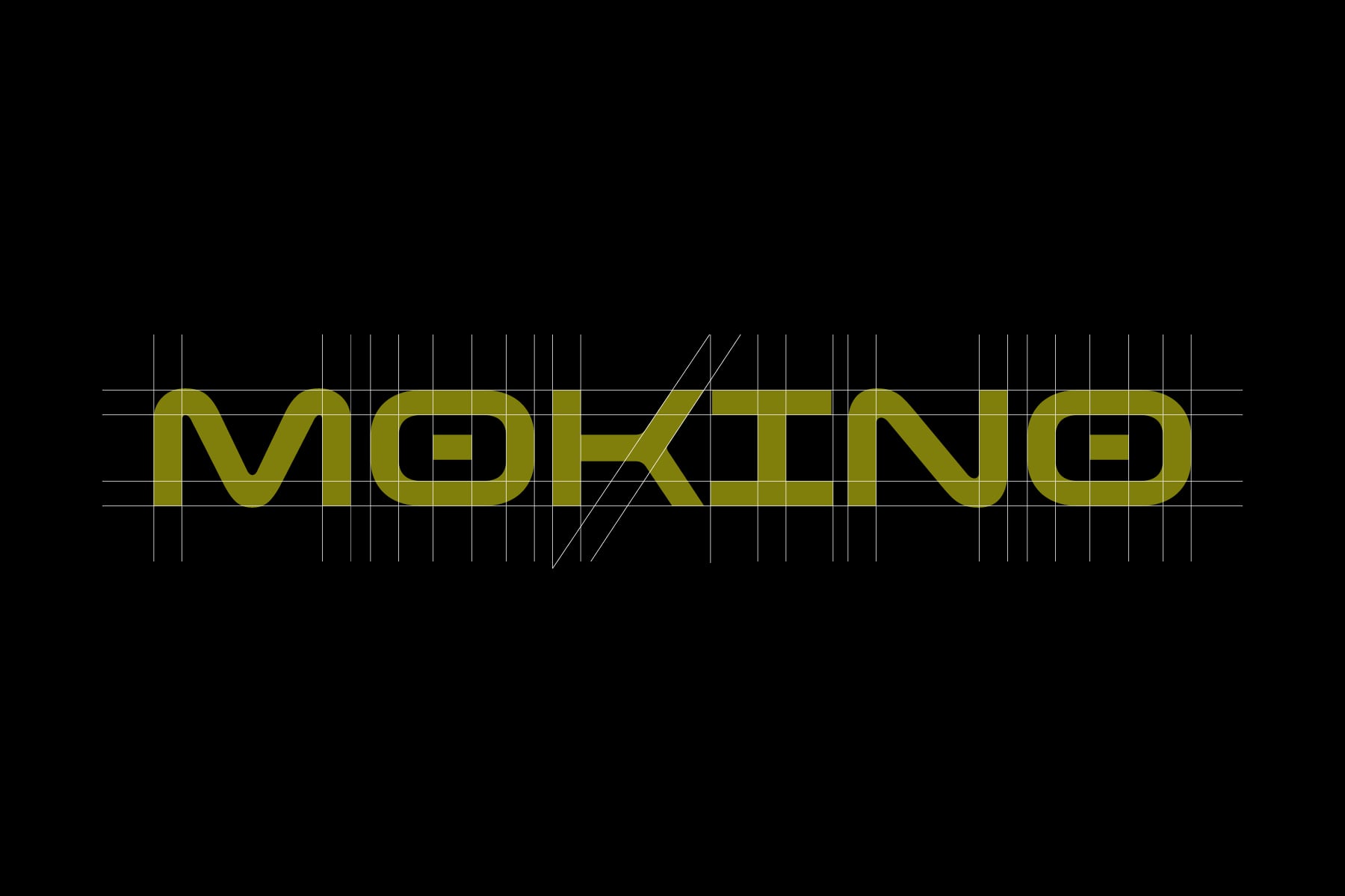 Mokino font name in olive yellow with technical grid lines on dark background