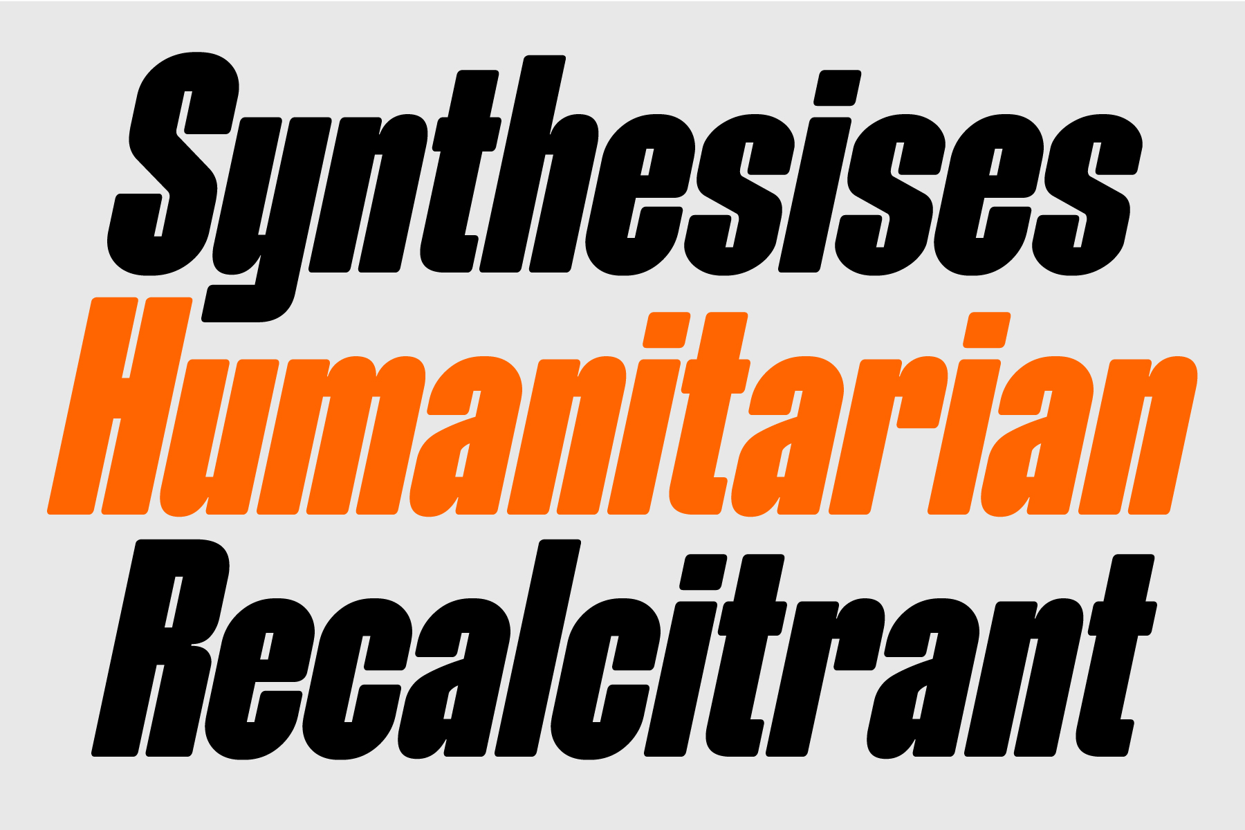 Black italic Syntheses with orange Humanitarian Recalcitrant text below