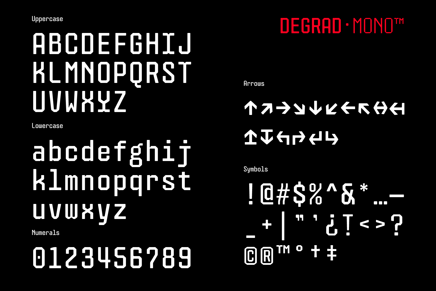 Degrad Mono monospace font showing uppercase, lowercase, numerals, arrows with unicode codes