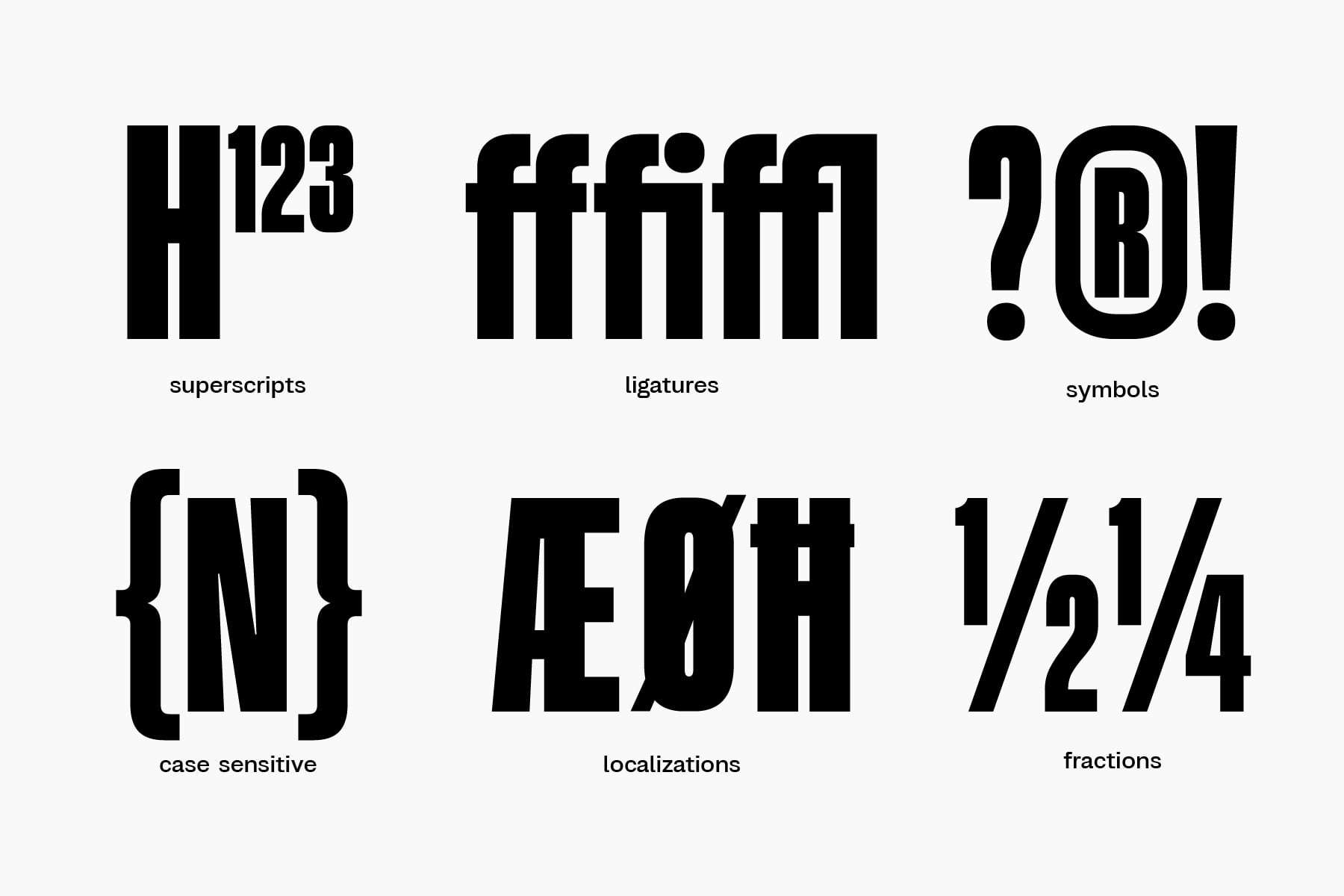 Font features grid displaying superscripts, ligatures, symbols, case sensitive options, localizations, fractions