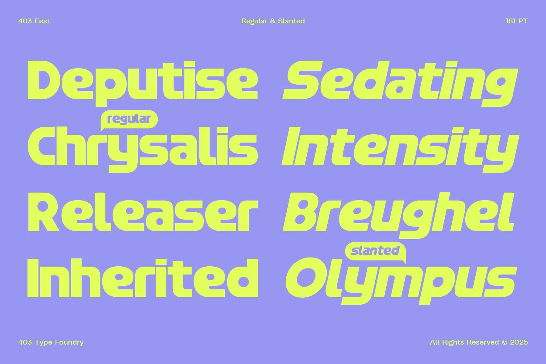 403 Fest typeface showing regular slanted variations of classical Latin characters