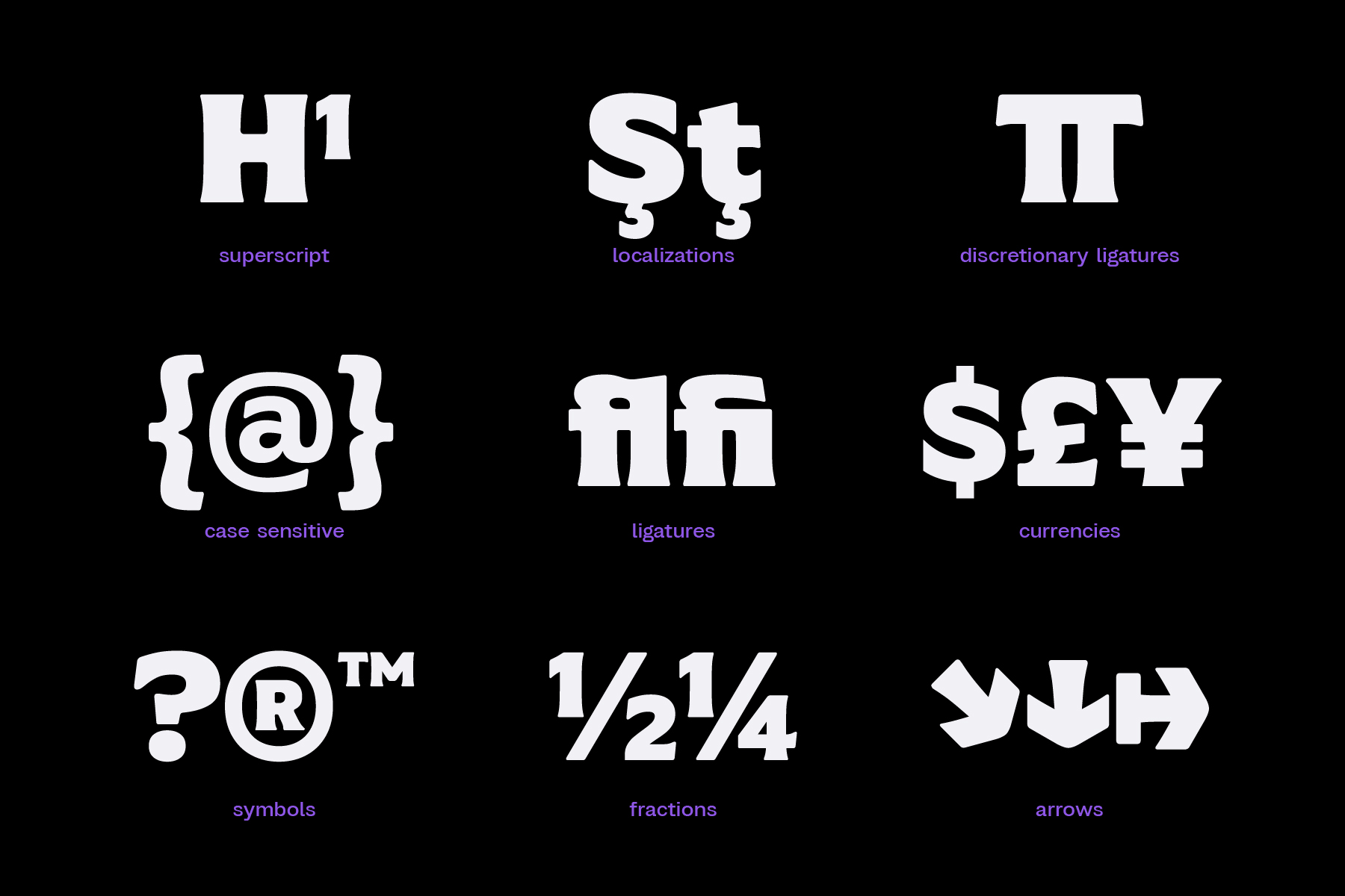 Font features showcase including superscript ligatures case sensitive symbols fractions currencies arrows