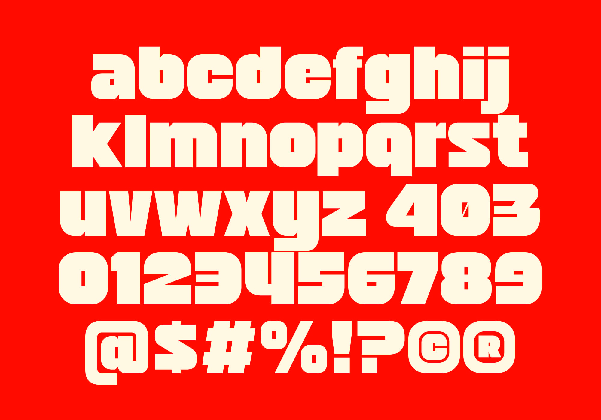 Chunky red slab serif font displaying full character set with numbers symbols