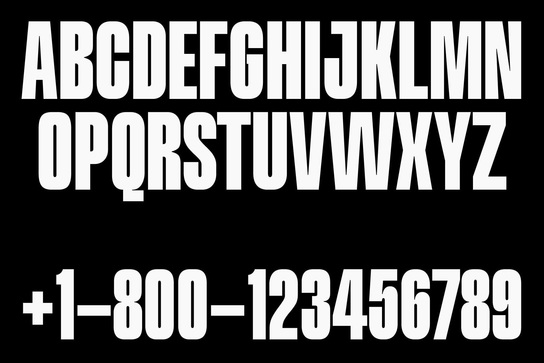 Bold sans serif typeface showing uppercase alphabet with numbers in white on black