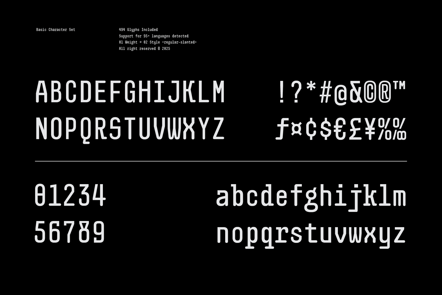Monospace font showing uppercase, lowercase, numbers, symbols, punctuation in two weights