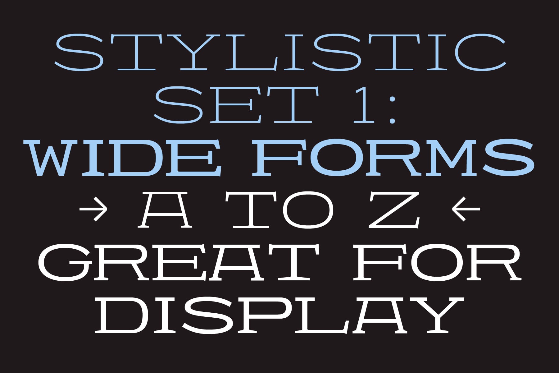 Outline typeface displaying wide forms A to Z on dark