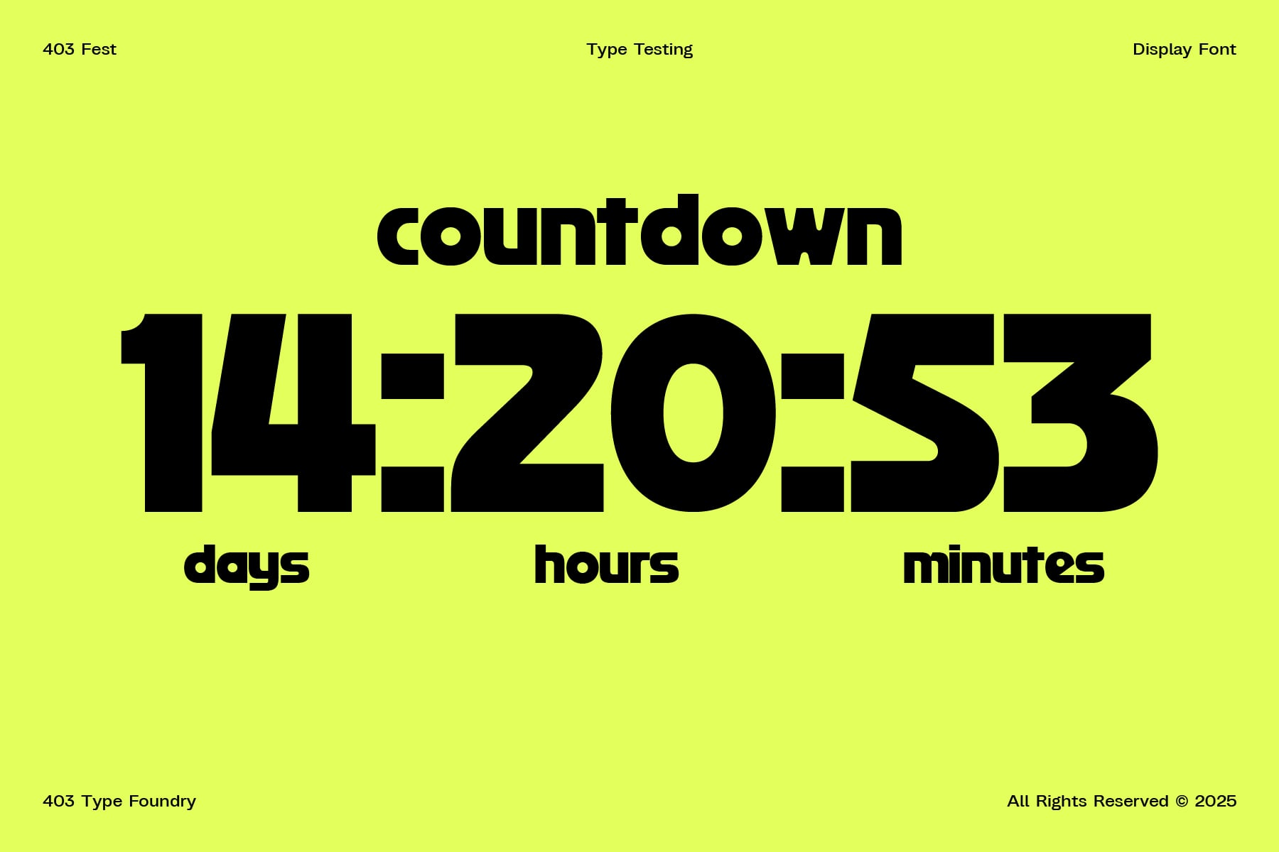 403 Fest display font specimen showing countdown layout with days hours minutes labels