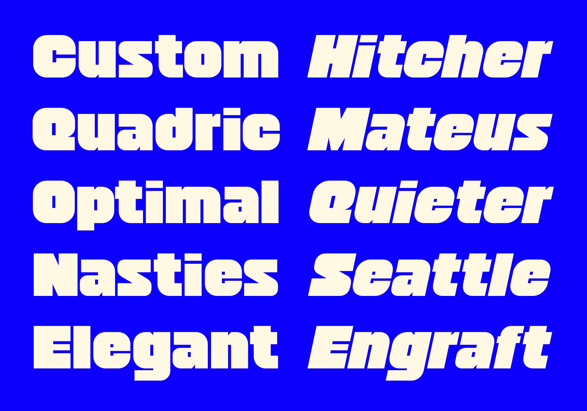 Bold display font showing uppercase letters in blue italic style on bright background