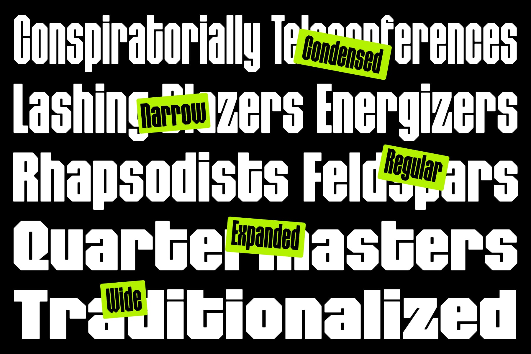 Bold typeface styles labeled condensed, narrow, regular, expanded, wide with neon accents