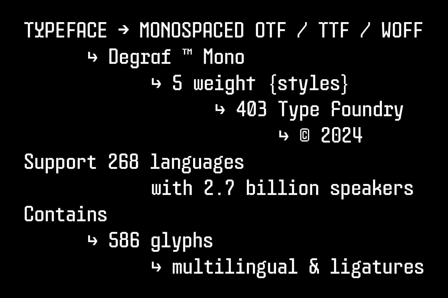 Monospaced font specs listing weights languages glyphs details