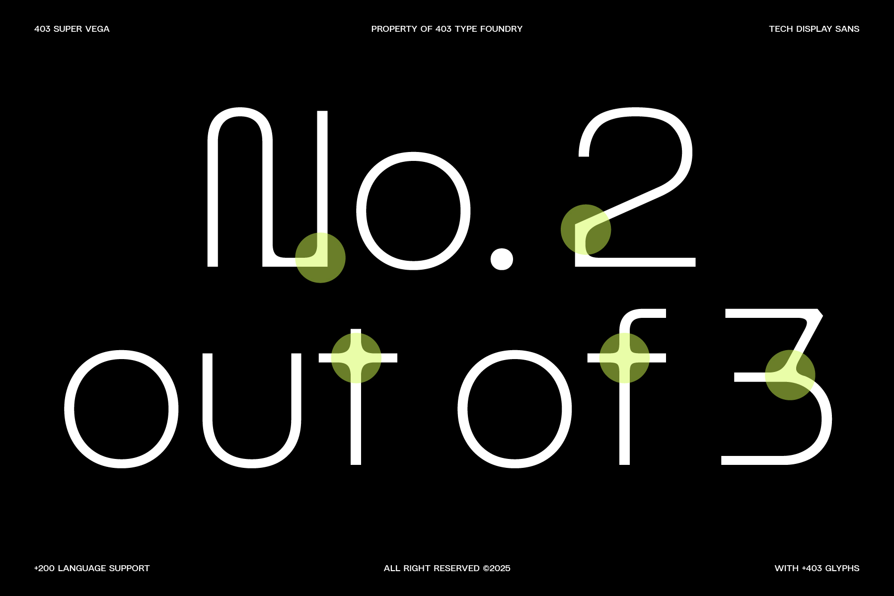 Sans serif typeface display showing large outline numbers 1 0 2 3 with olive accent dots on black