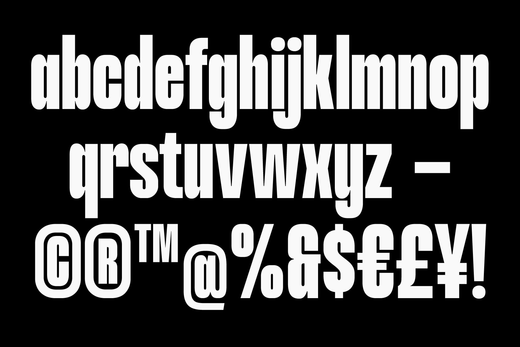 Condensed sans serif font alphabet displaying lowercase uppercase numbers symbols