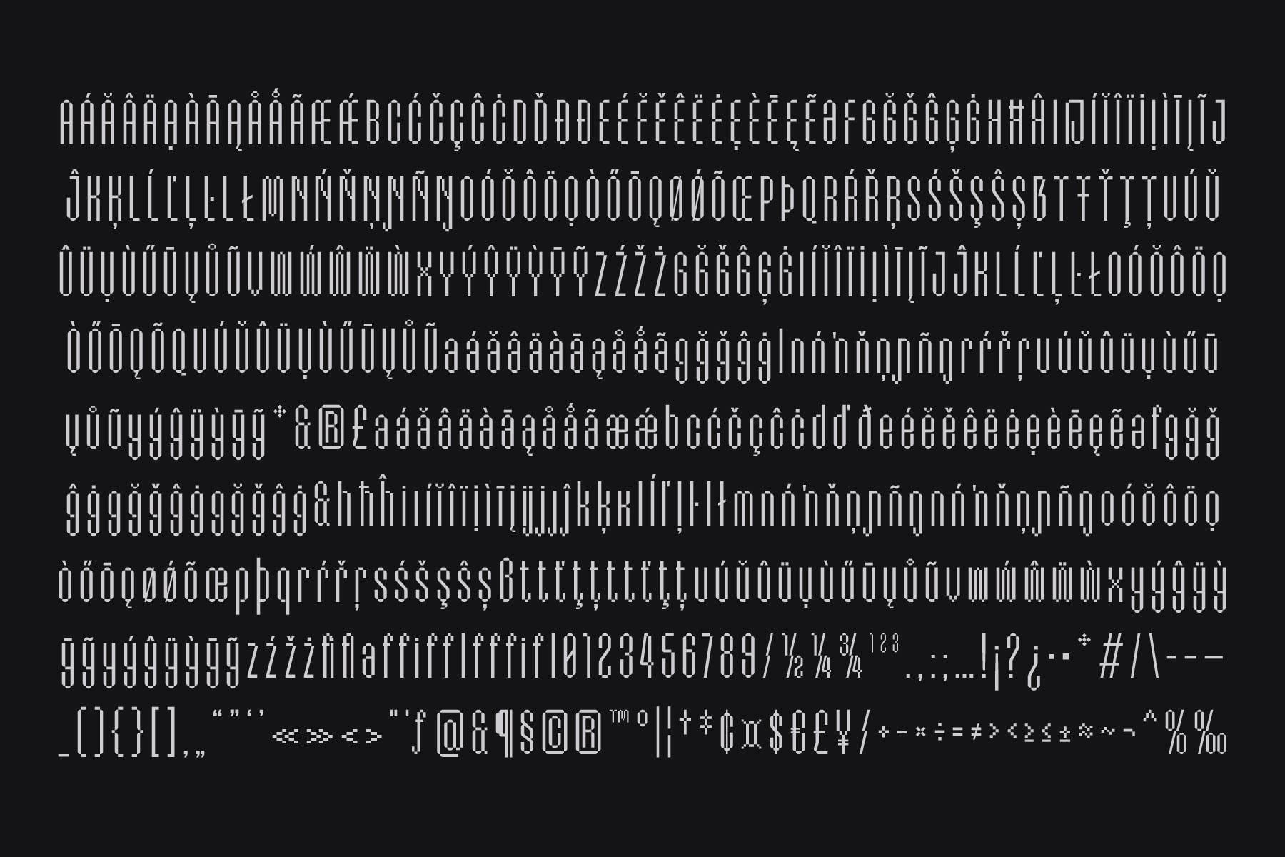 Font specimen sheet displaying accented characters on dark background