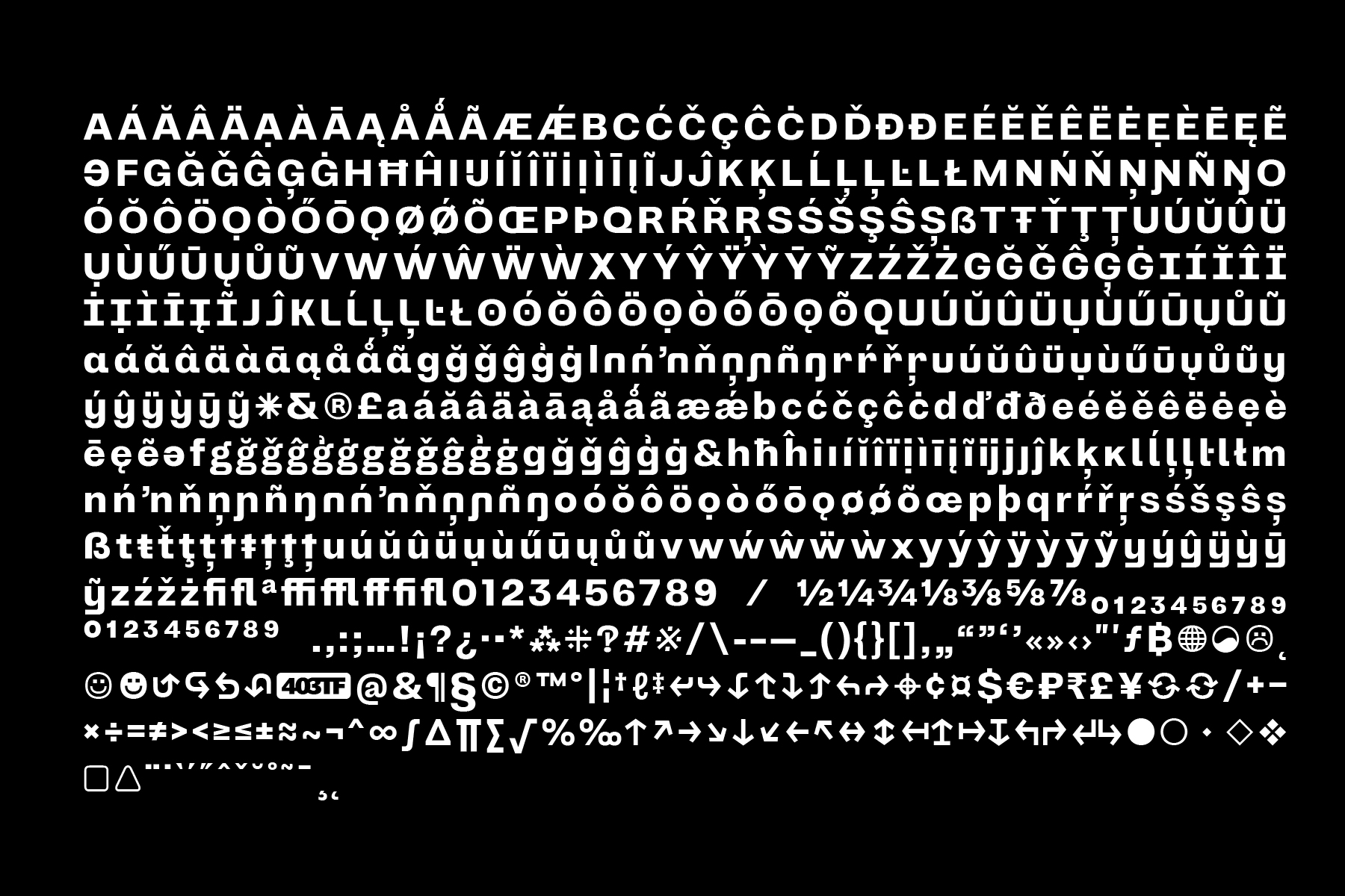 Comprehensive character set display showing 403 Grotesk font glyphs accents numbers symbols