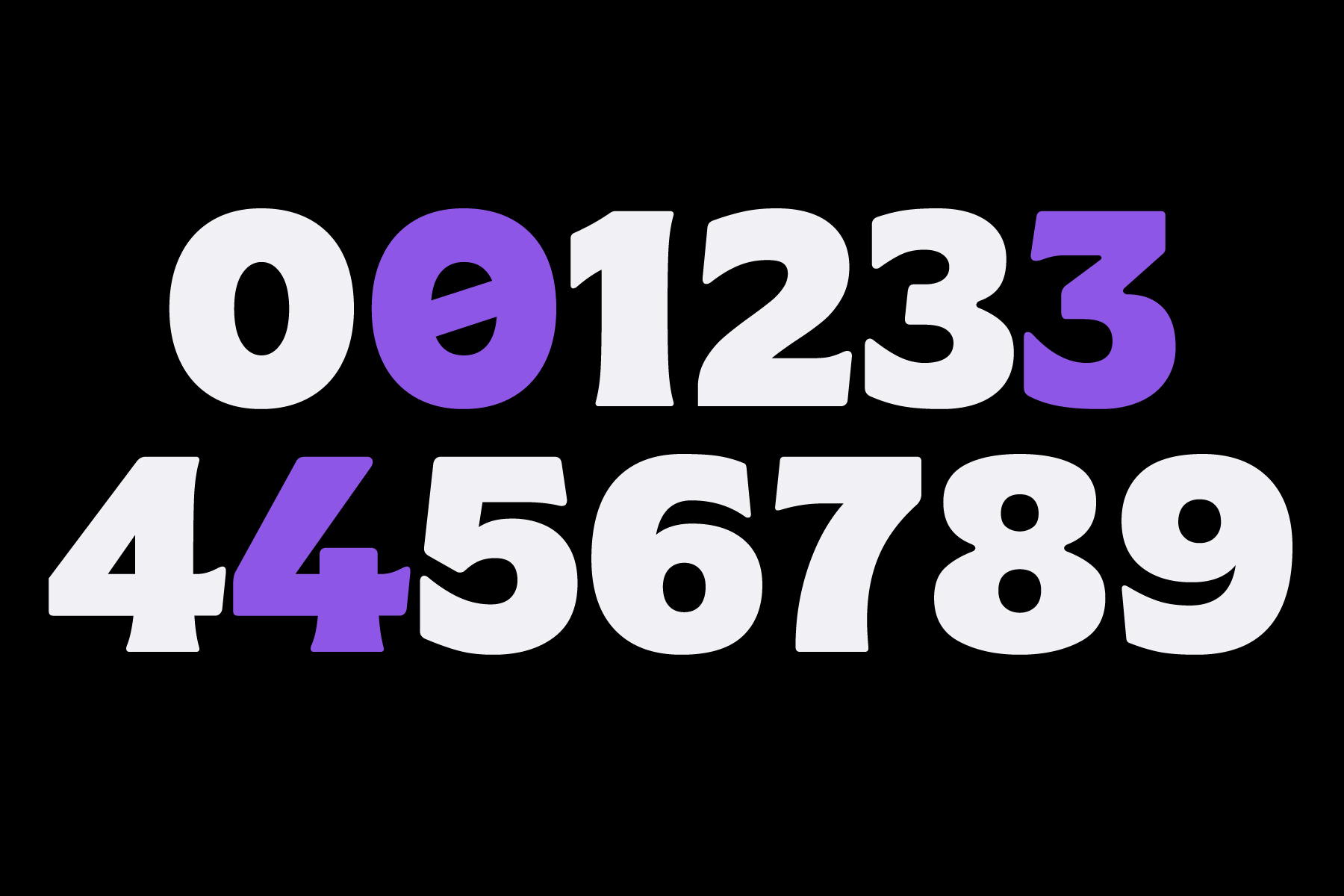 Mixed numerals with alternating white purple highlighting 0 omega 1 2 3 3 4 4 5 5 6 7 8 9
