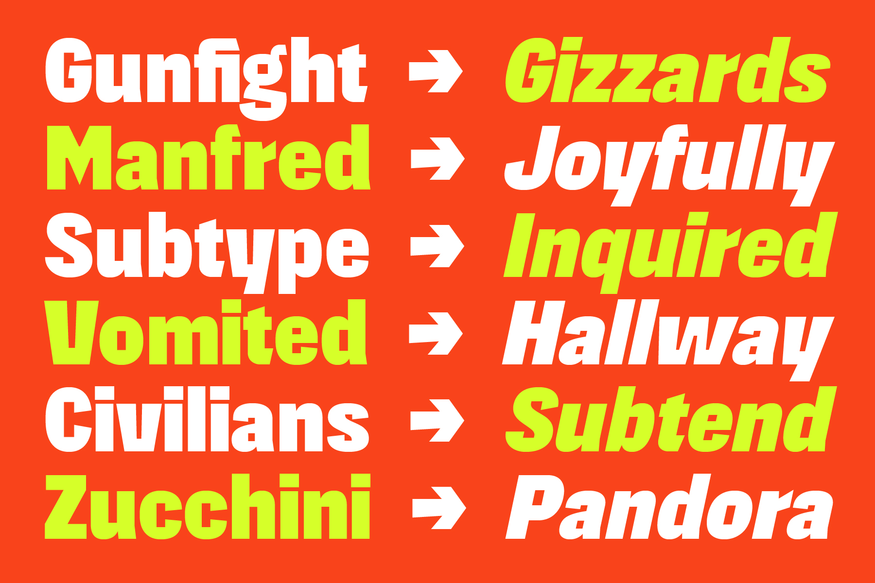 Red background with word pairs converting English terms to silly alternatives using arrows