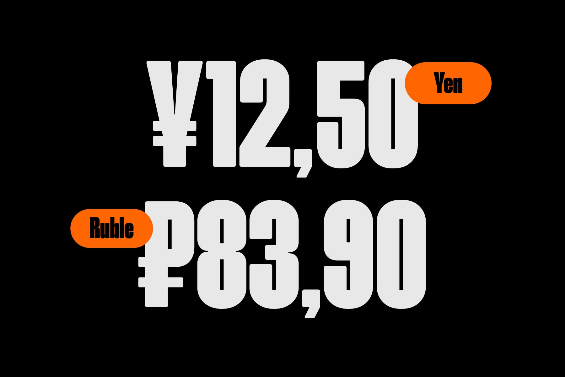 Currency amounts in yen displaying 12,50 labeled yen, 883,90 labeled ruble