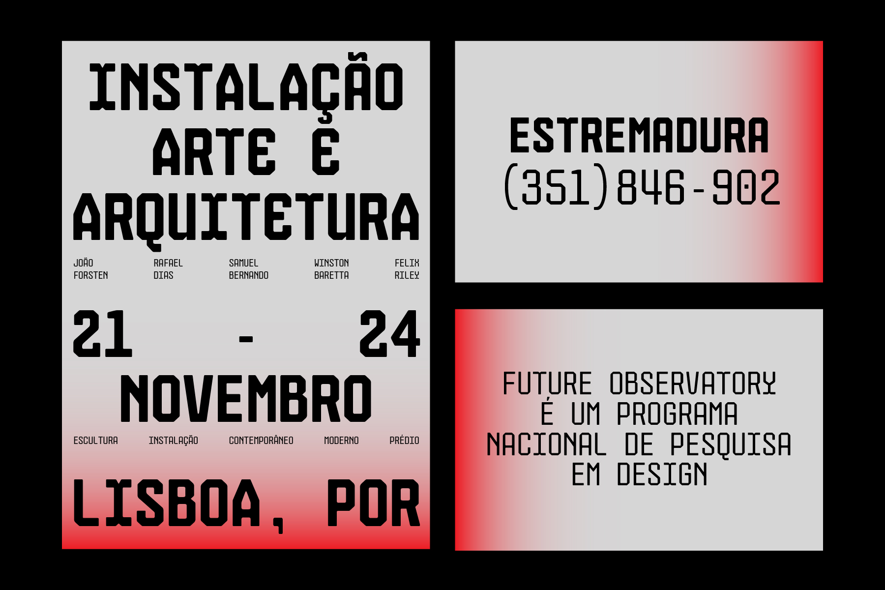 Portuguese design event posters with gradient overlays minimal layout