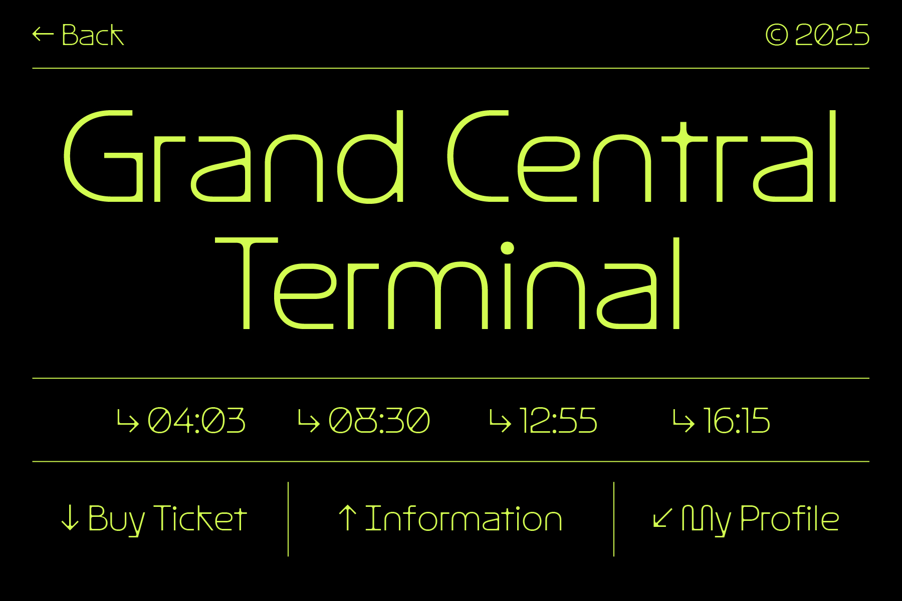 Transit app screen with Grand Central Terminal in lime green text showing four departure times