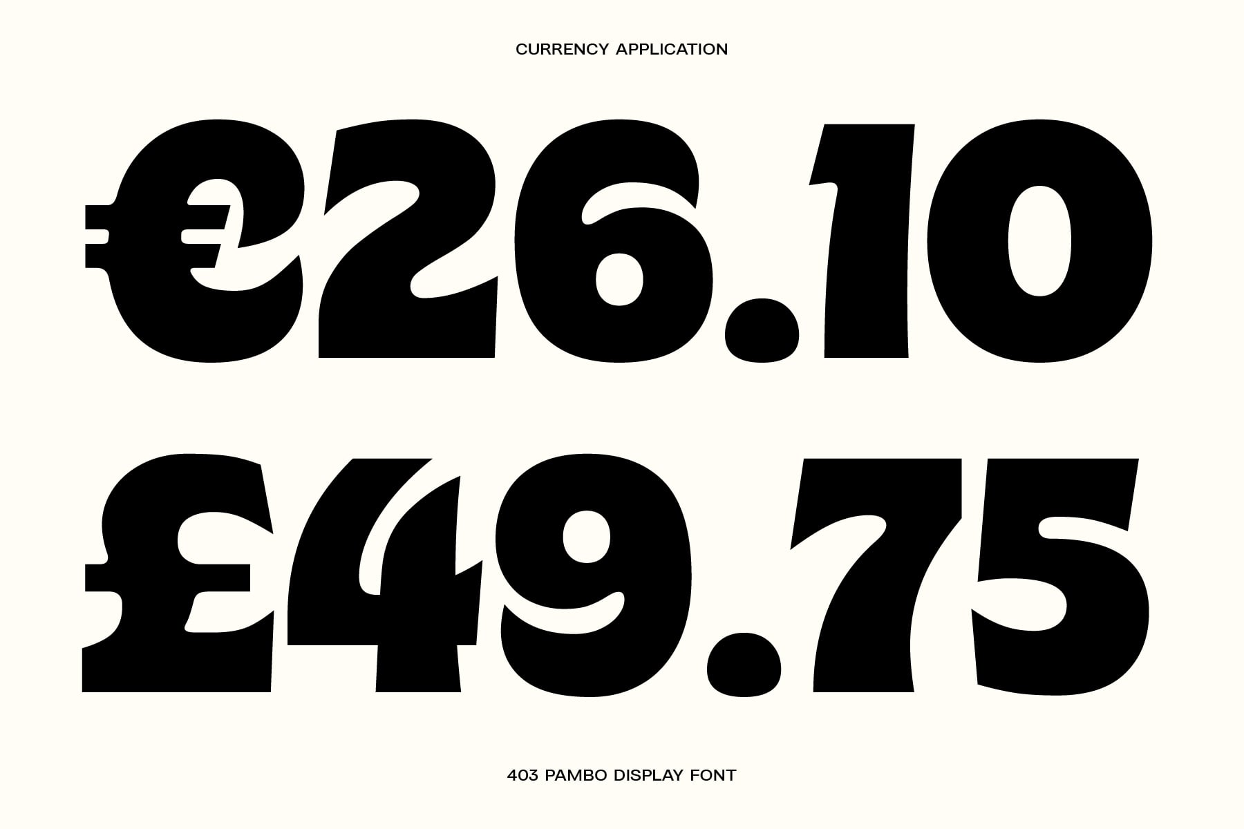 403 pambo font specimen showing euro currency symbols in heavy black bold weight