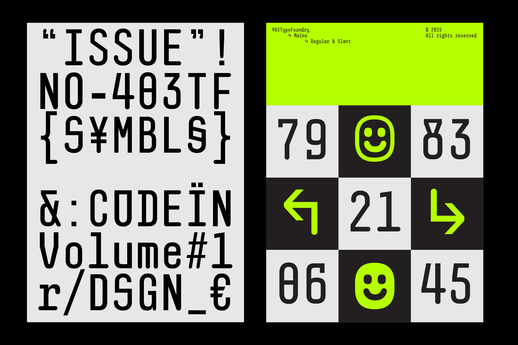 403 Typeface specimen sheet displaying symbols code in neon lime checkerboard layout