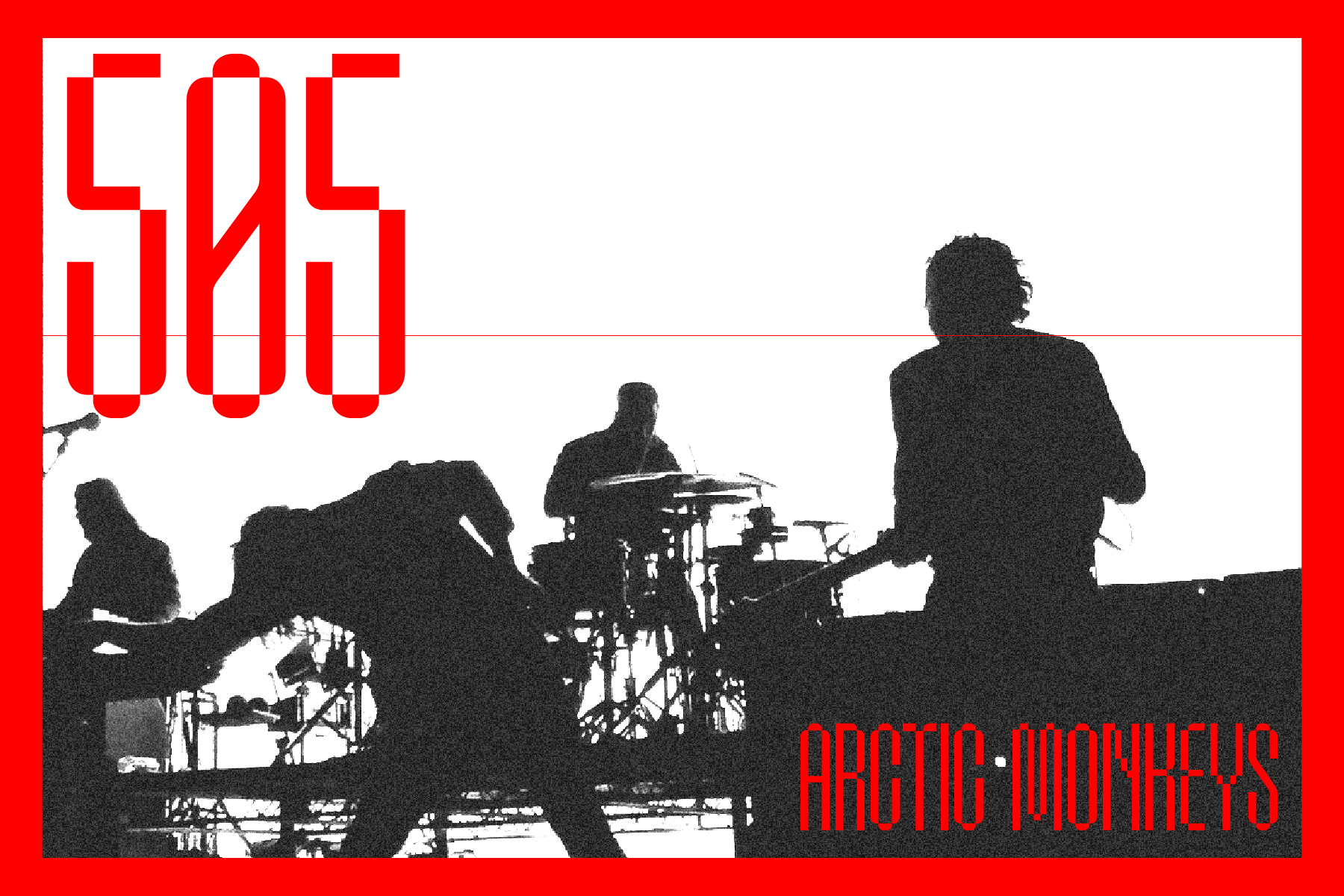 Red framed silhouette band image with bold red text overlay, performance shot