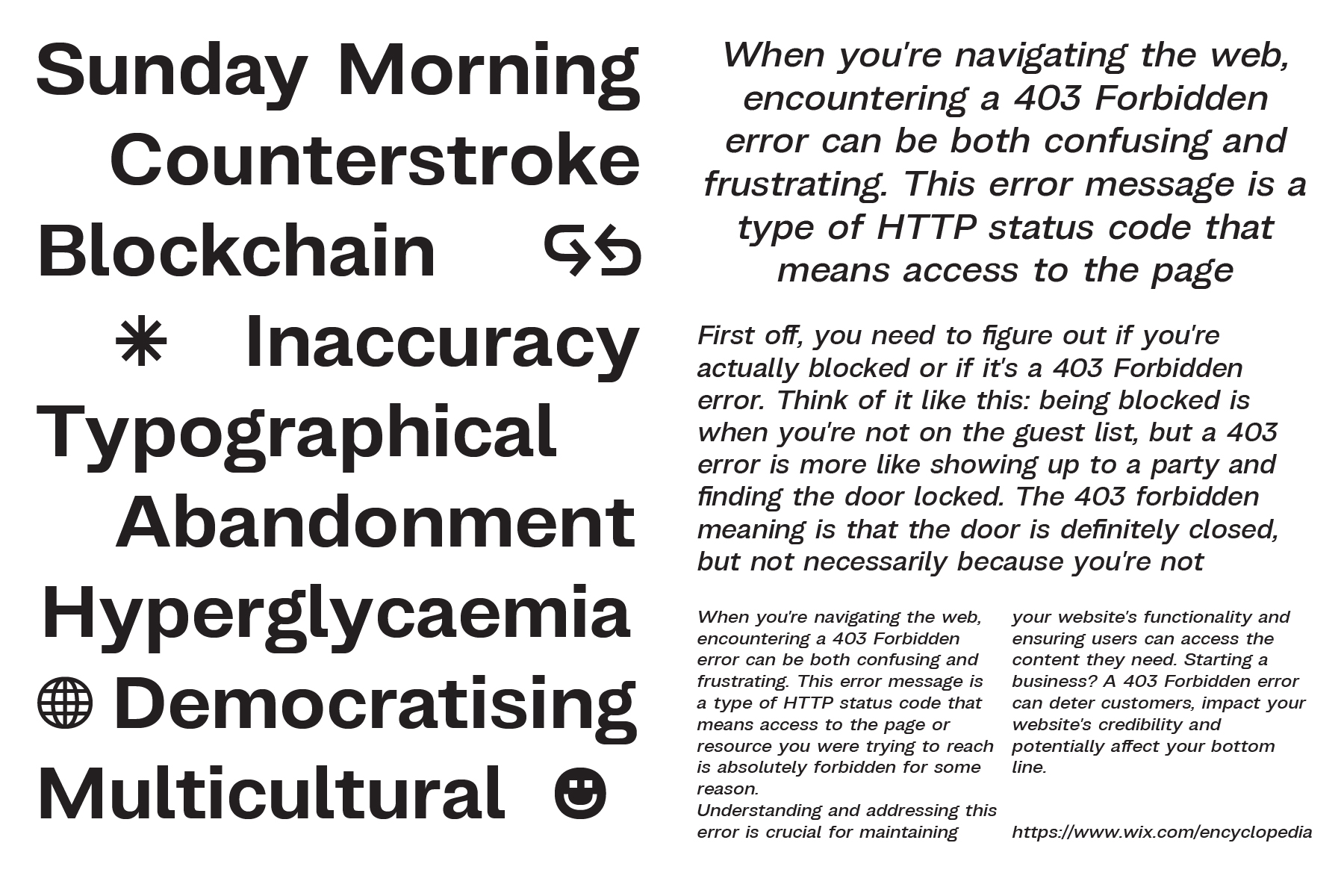Magazine spread with typography samples listing random words alongside 403 error explanation text