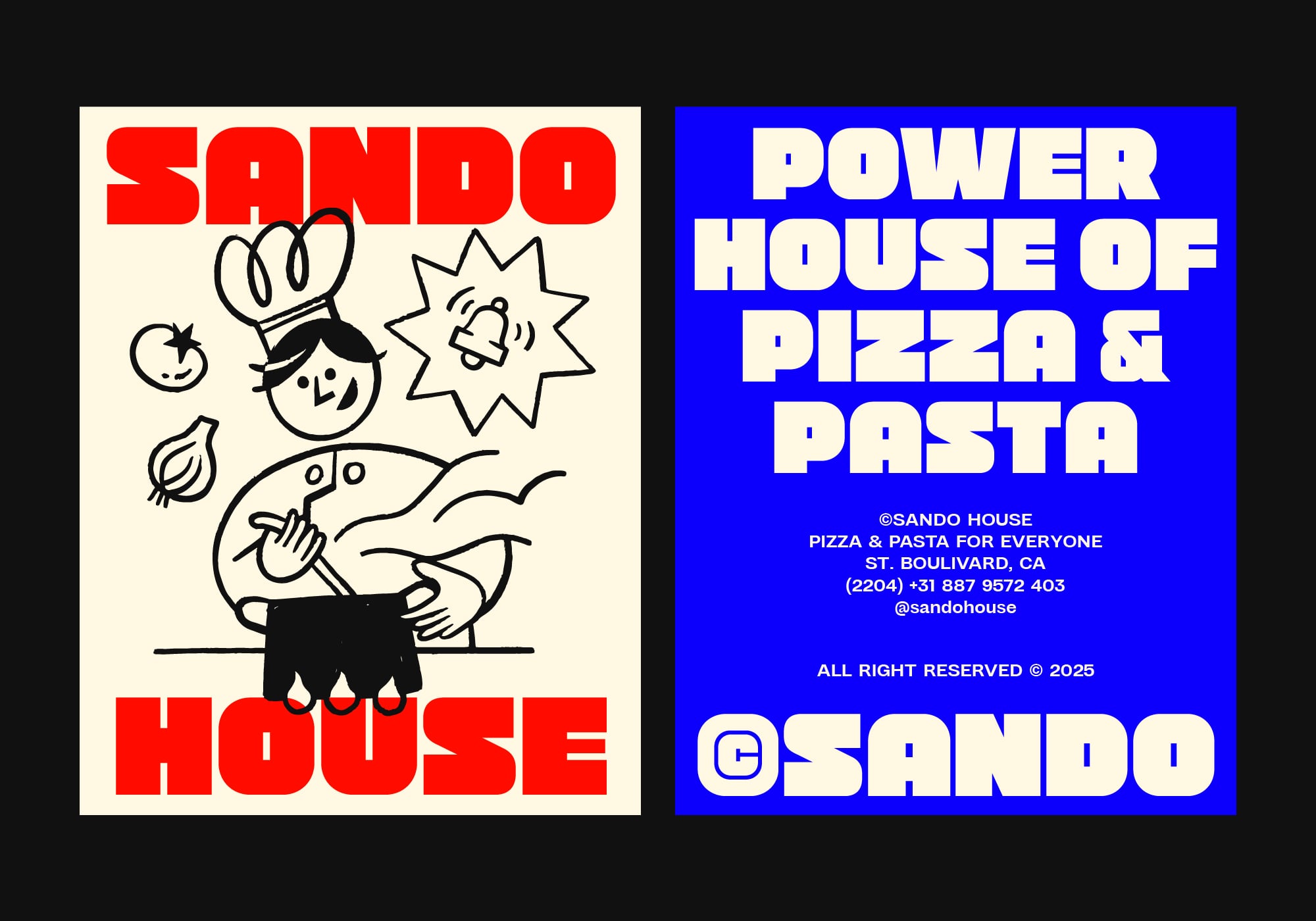 Split layout with Sando House left panel beside Power House of Pizza right panel