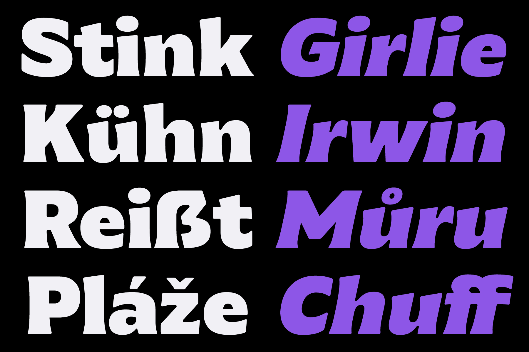 Font family sample showing 6 names split between white letters on left, purple on right
