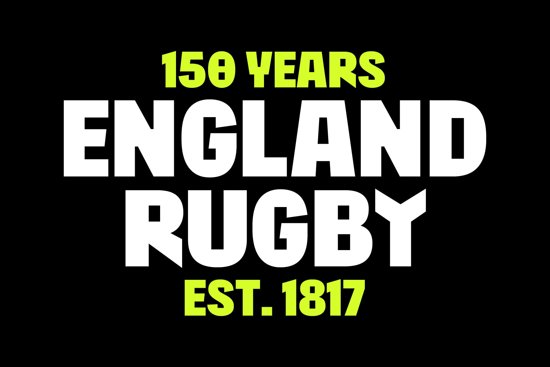 Bold yellow text reading 150 Years England Rugby Est. 1817 on black background