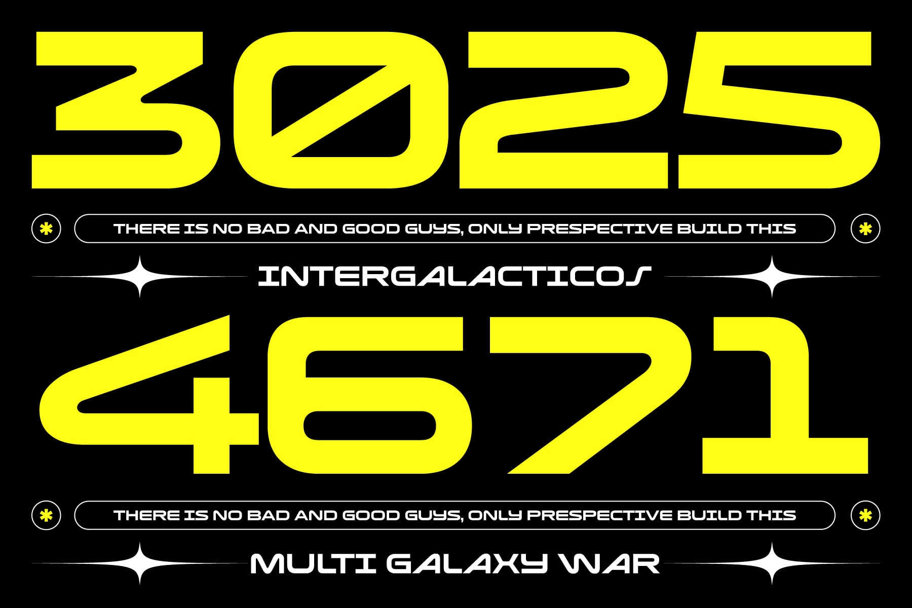 Neon yellow poster showing 3025 intergalacticos 4571 multilgalaxy war text