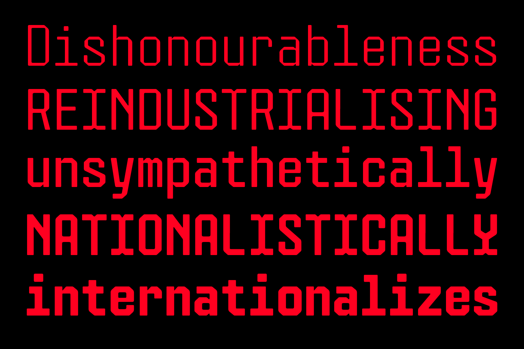 Bright red monospace text on dark background repeating phrases