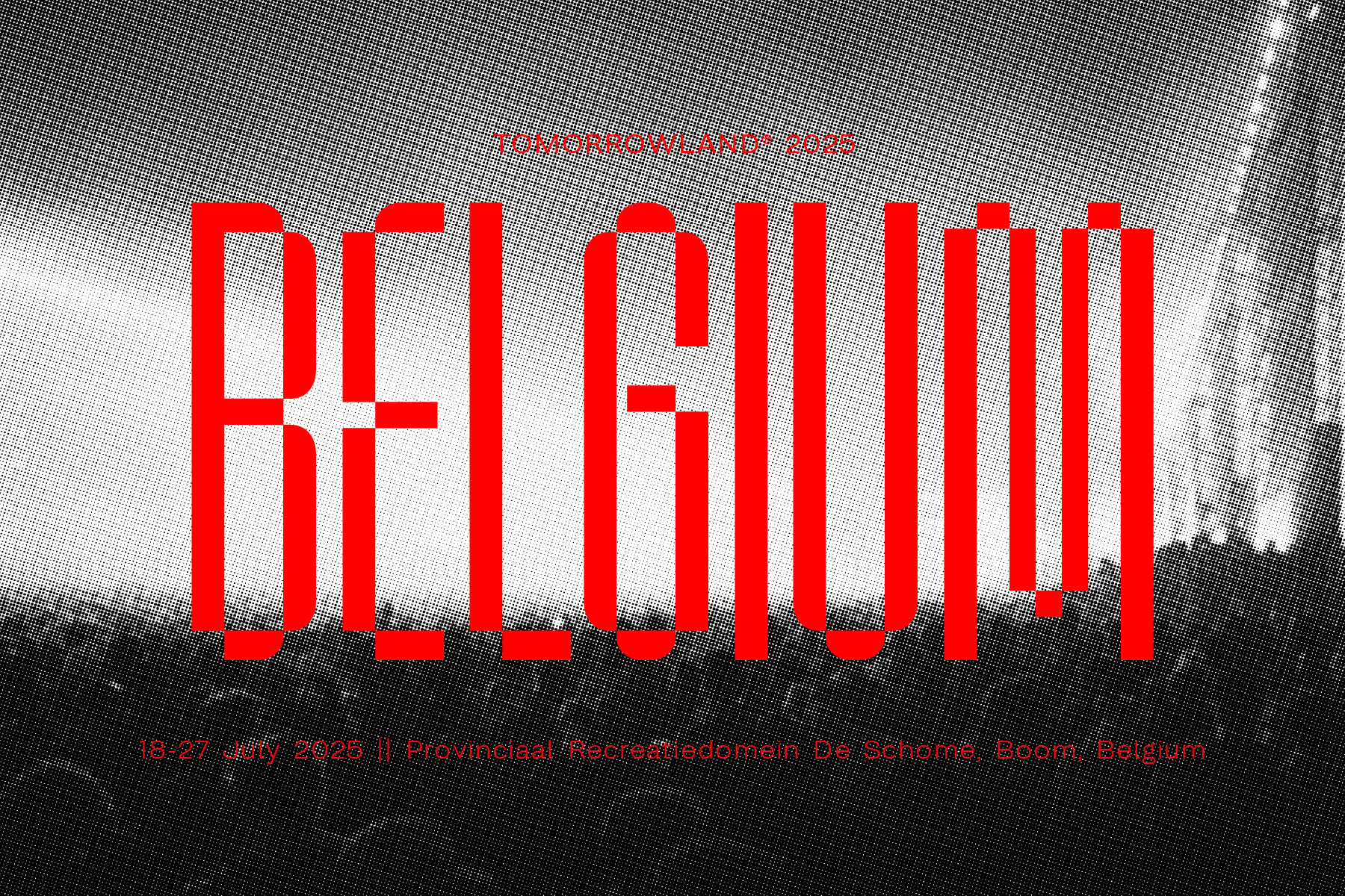 Halftone textured poster with large red block letters on grayscale background