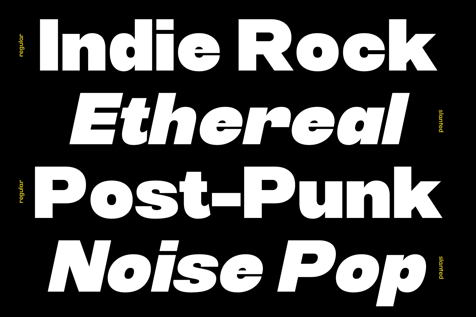 White sans-serif stacked text listing music genres on black background