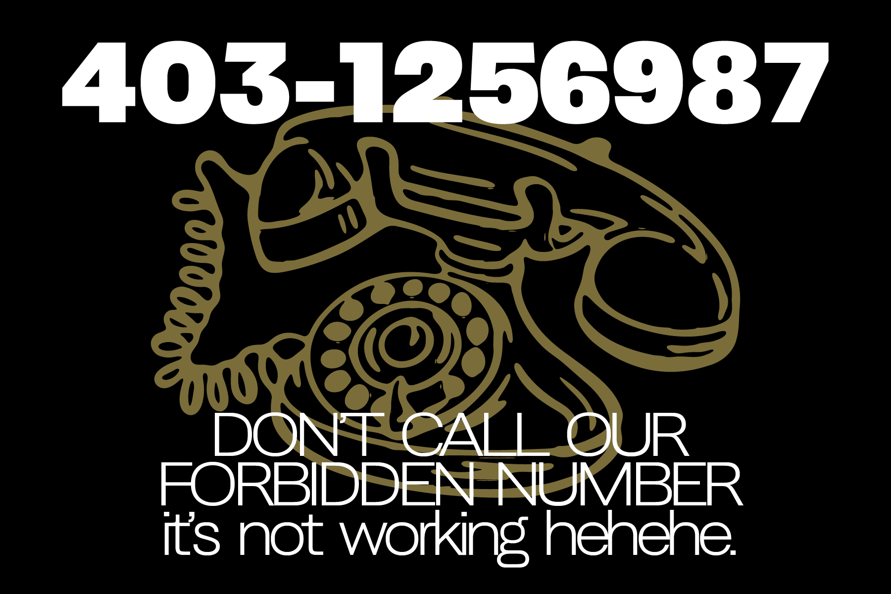 Vintage rotary phone illustration with forbidden number text in gold line art style
