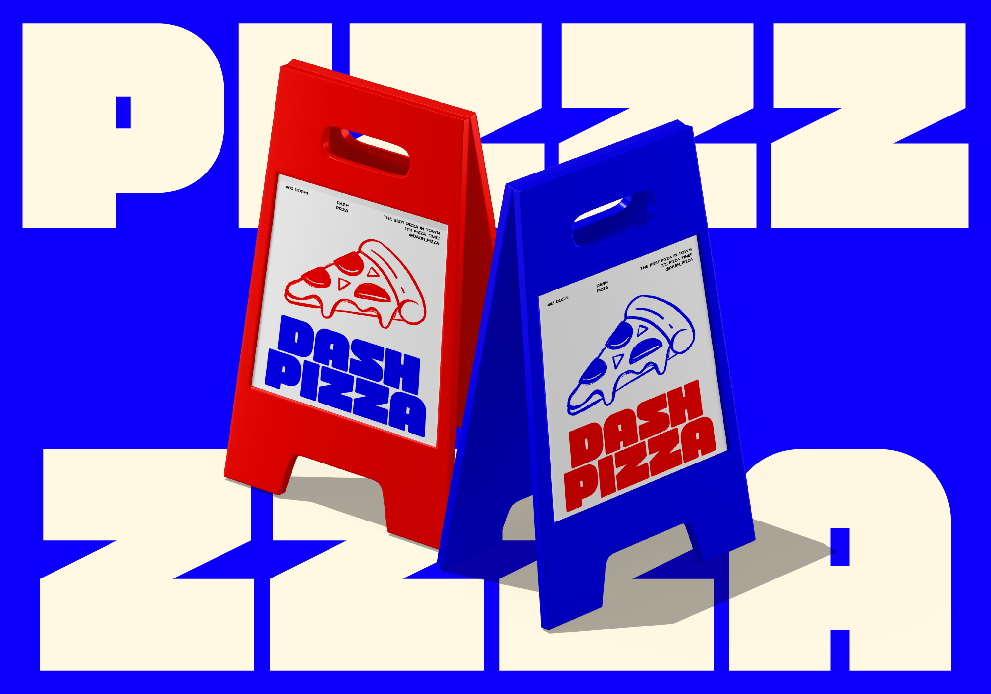 Red blue pizza boxes with Dash Pizza branding on bold geometric background